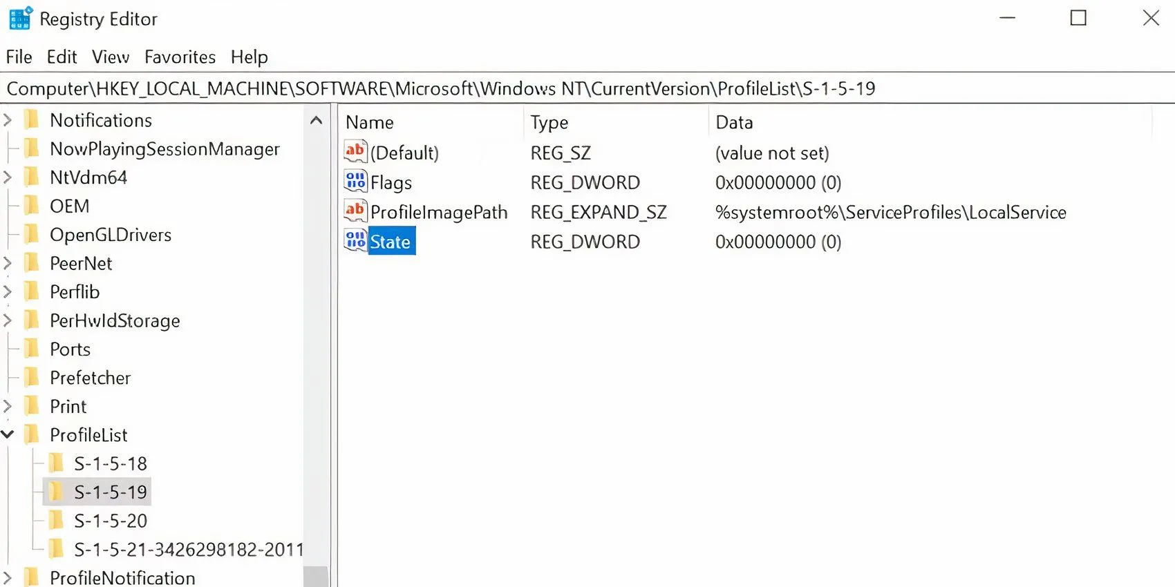 Cửa sổ Registry Editor hiển thị khóa con Profile List nơi chứa thông tin hồ sơ người dùng