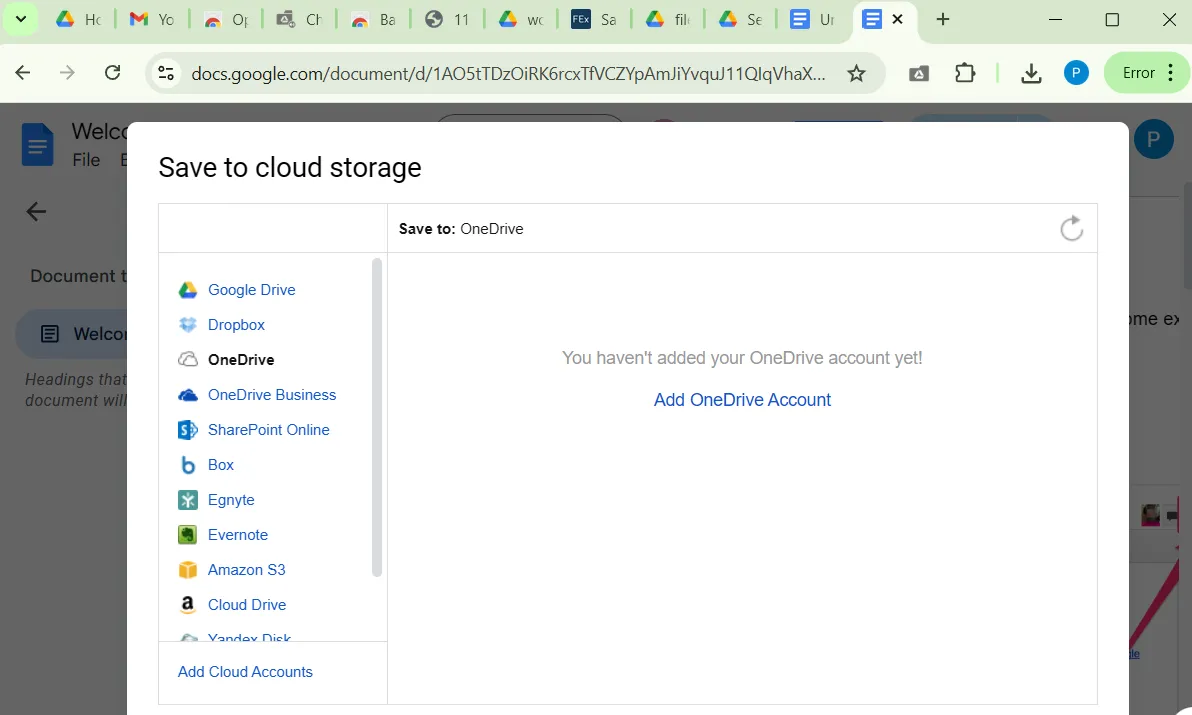 Cửa sổ &quot;Save to cloud storage&quot; trong trình duyệt Chrome, cho phép người dùng chọn dịch vụ lưu trữ đám mây để đồng bộ file Google Drive