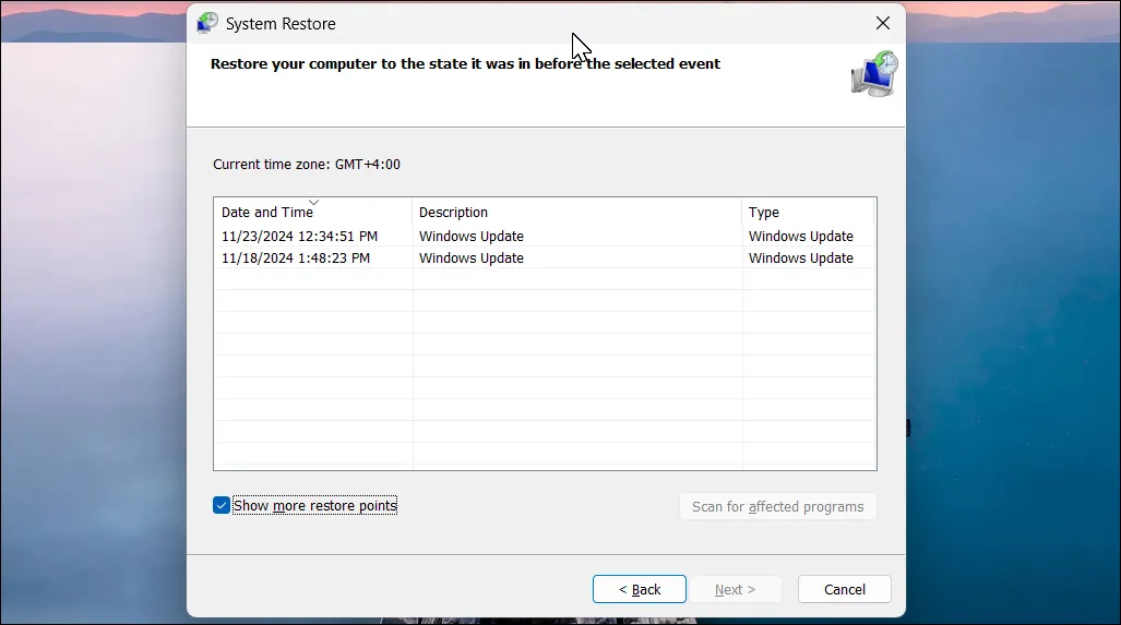 Cửa sổ System Restore trong Windows 11 hiển thị các điểm khôi phục hệ thống có sẵn