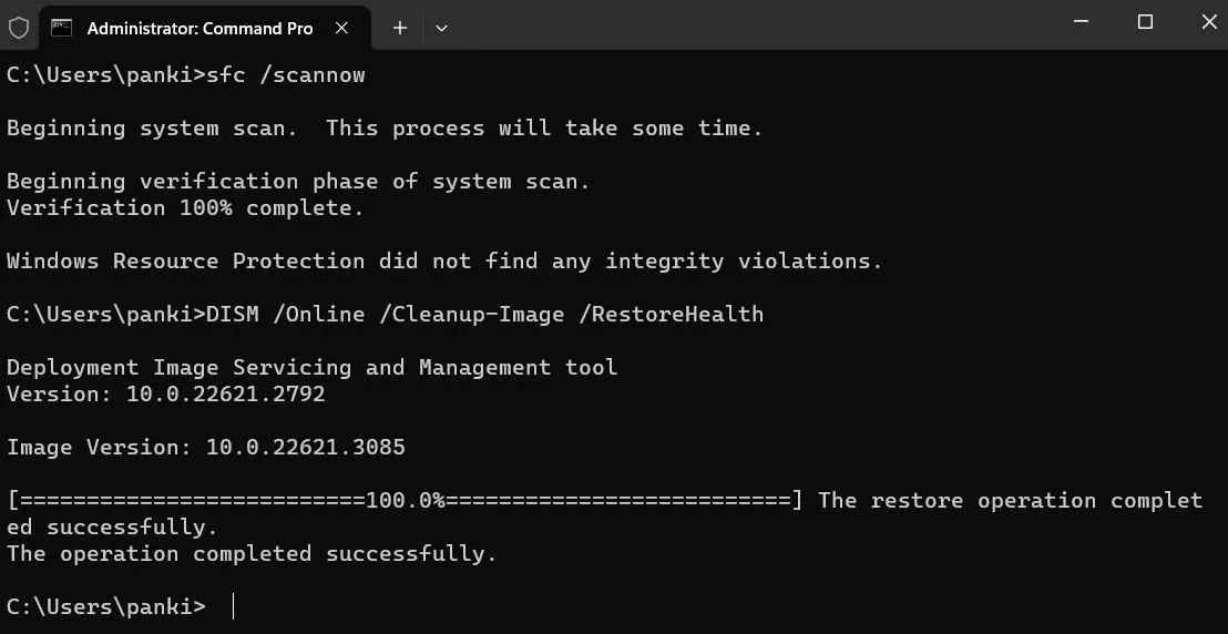 Cửa sổ Terminal (Admin) hiển thị lệnh SFC quét file hệ thống bị hỏng trên Windows
