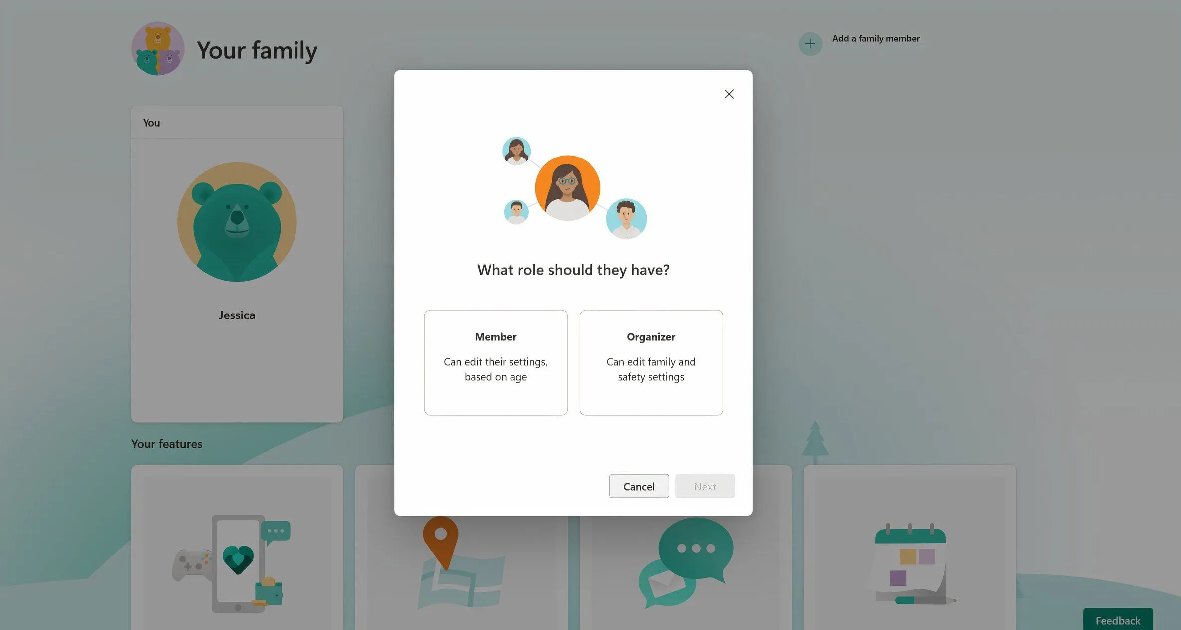 Cửa sổ thêm thành viên vào Microsoft Family Safety hiển thị các bước