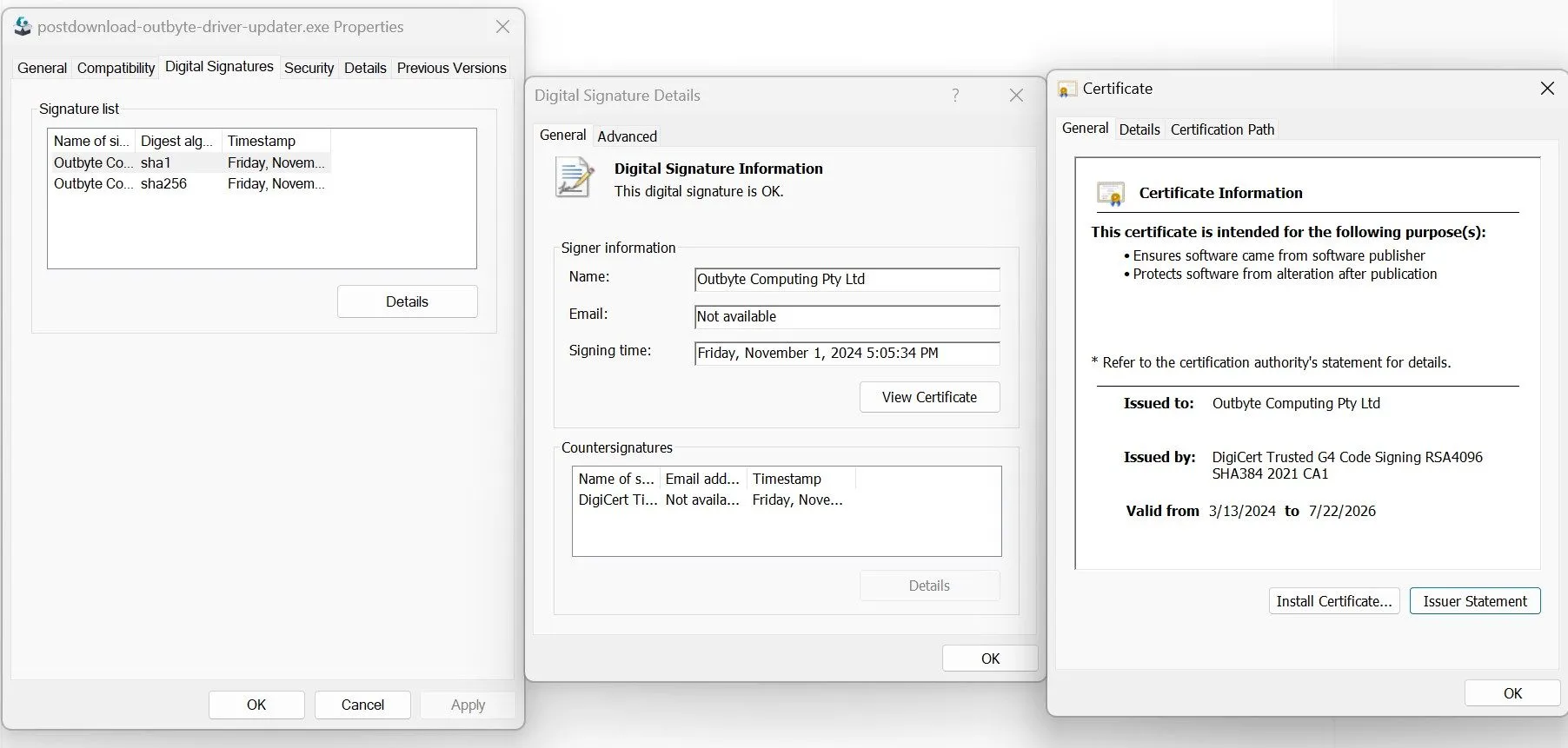 Cửa sổ thuộc tính của file EXE trong Windows, hiển thị tab Digital Signatures và thông tin chứng chỉ số, giúp xác minh tính xác thực của tệp tin.
