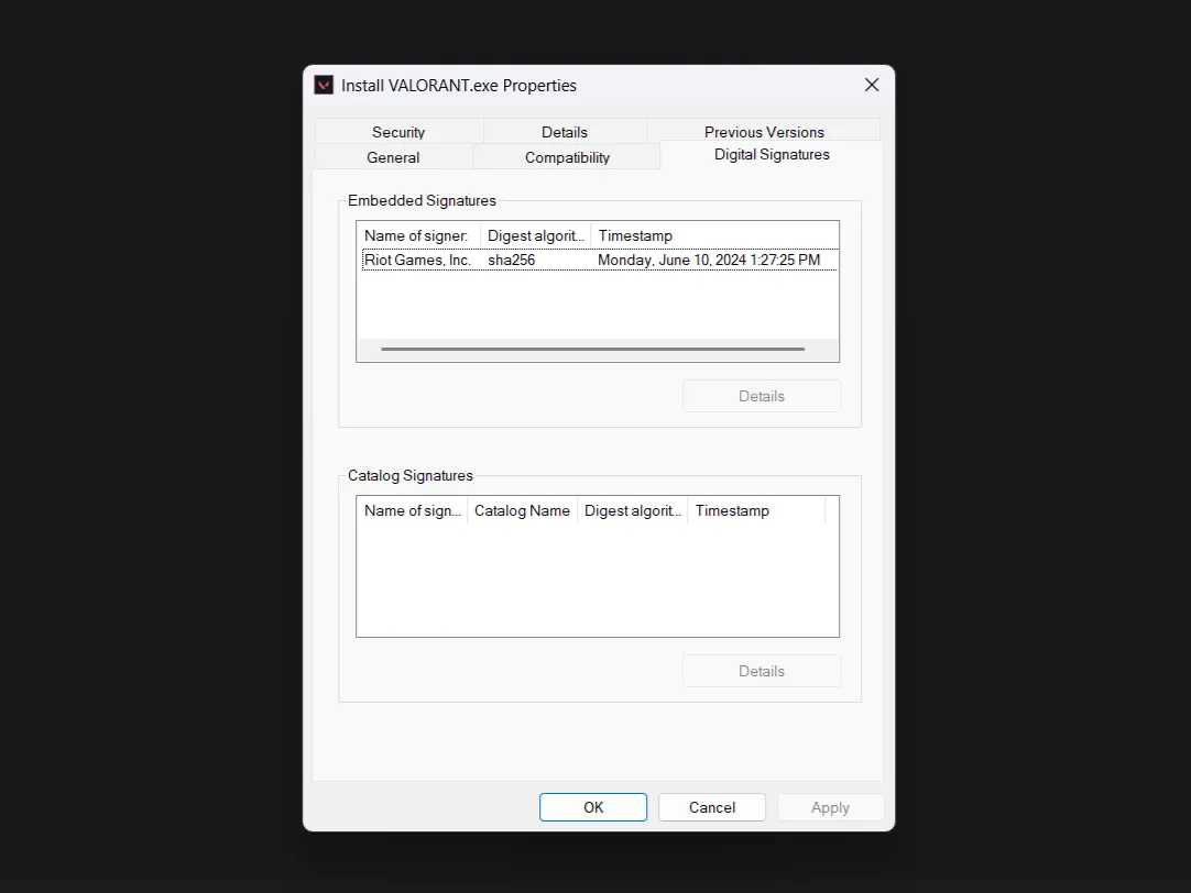 Cửa sổ thuộc tính của một tệp tin (Valorant) hiển thị tab 'Digital Signatures' (Chữ ký số), giúp xác minh tính xác thực của phần mềm.