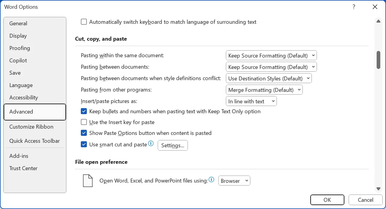 Cửa sổ tùy chỉnh cài đặt dán mặc định trong Microsoft Word, hiển thị các kịch bản dán khác nhau.