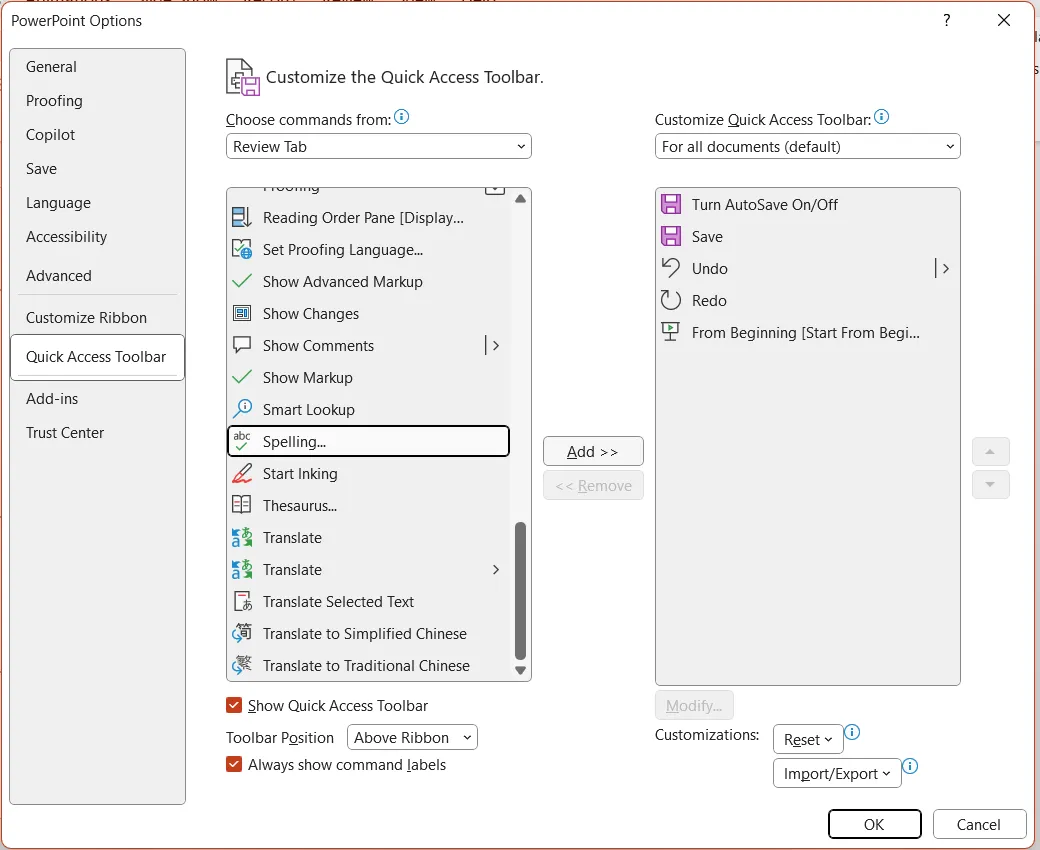 Cửa sổ tùy chỉnh để thêm lệnh vào Quick Access Toolbar PowerPoint