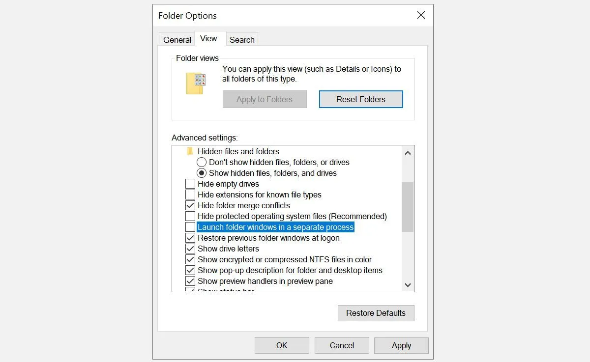 Cửa sổ Tùy chọn Thư mục trên Windows, hiển thị cài đặt tiến trình File Explorer