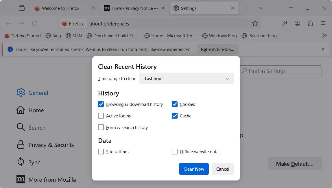 Cửa sổ tùy chọn xóa lịch sử duyệt web gần đây trên trình duyệt Mozilla Firefox