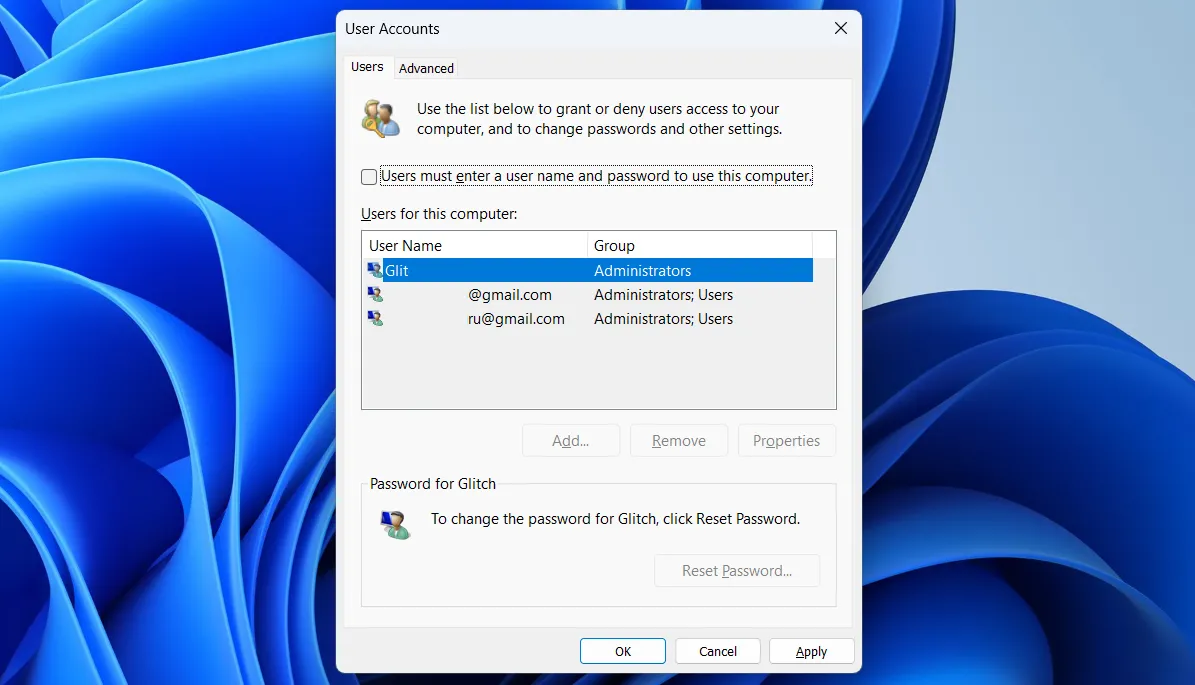 Cửa sổ User Accounts (Tài khoản Người dùng) trong Windows 11