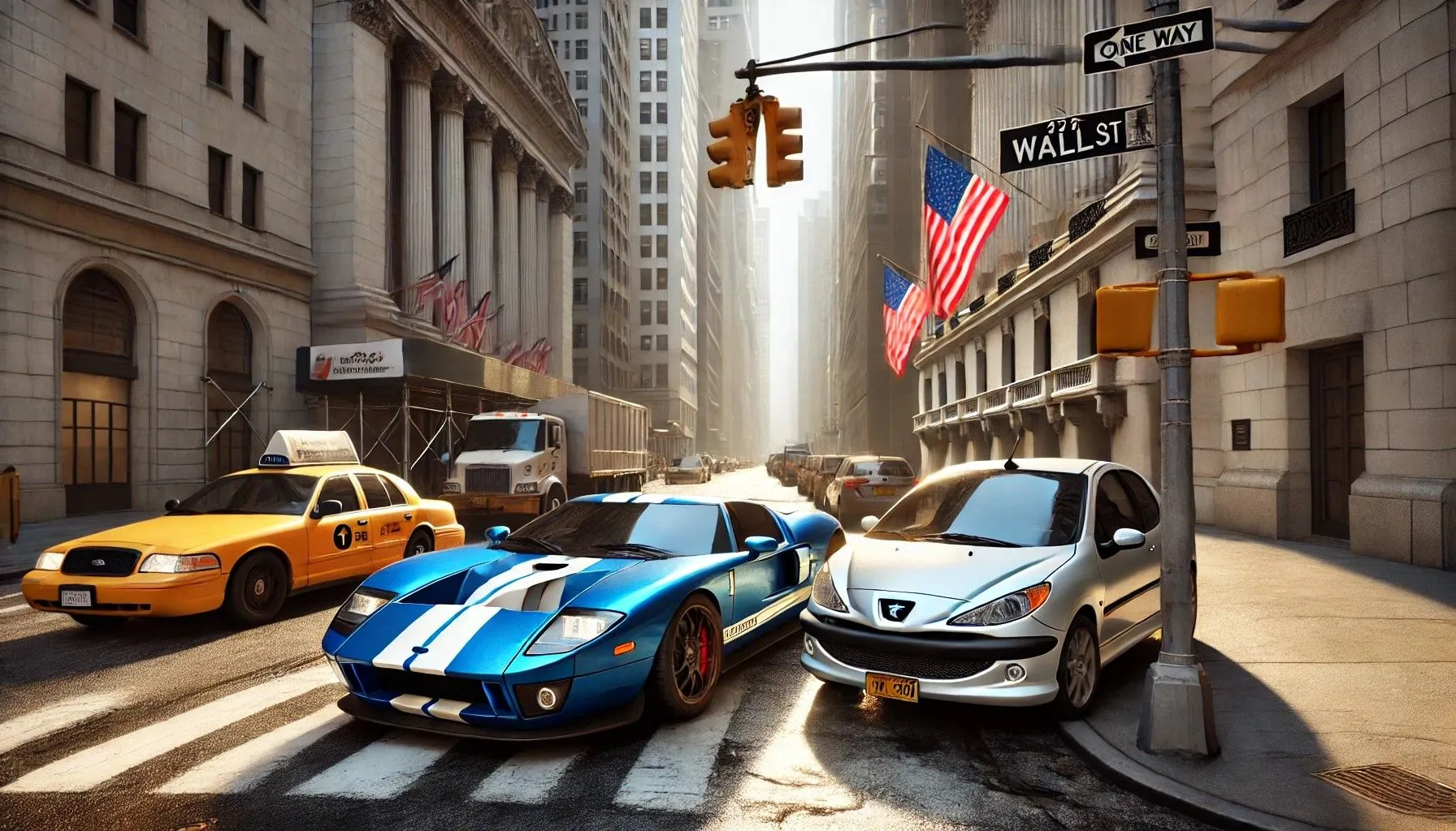 DALL-E tạo cảnh xe Ford GT và Peugeot 206 trên Phố Wall với phong cách hoạt hình và nhiều lỗi