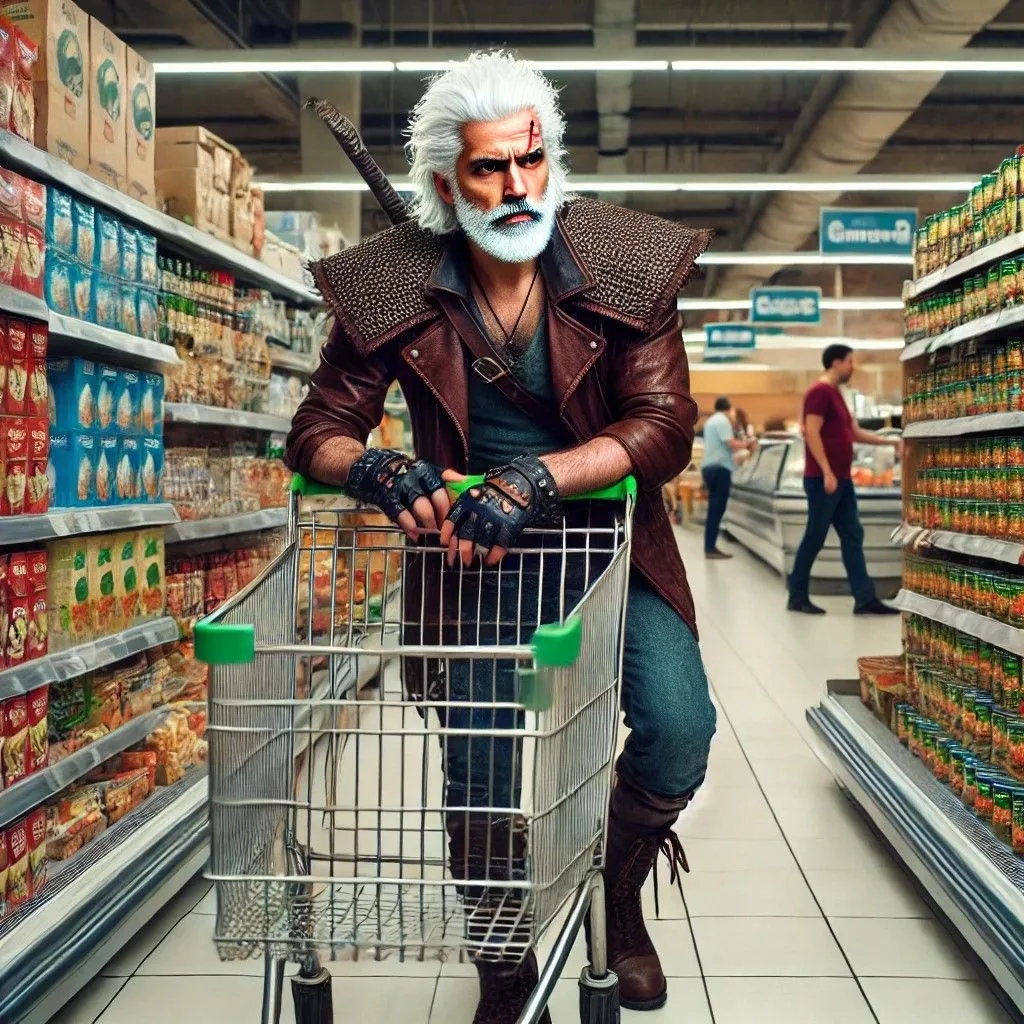 DALL-E tạo hình ảnh nhân vật giống Geralt of Rivia trong siêu thị, chữ viết không rõ