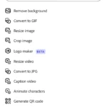 Danh sách các công cụ Quick Actions trong Adobe Express, hiển thị các tính năng chỉnh sửa ảnh, video và PDF tiện lợi.