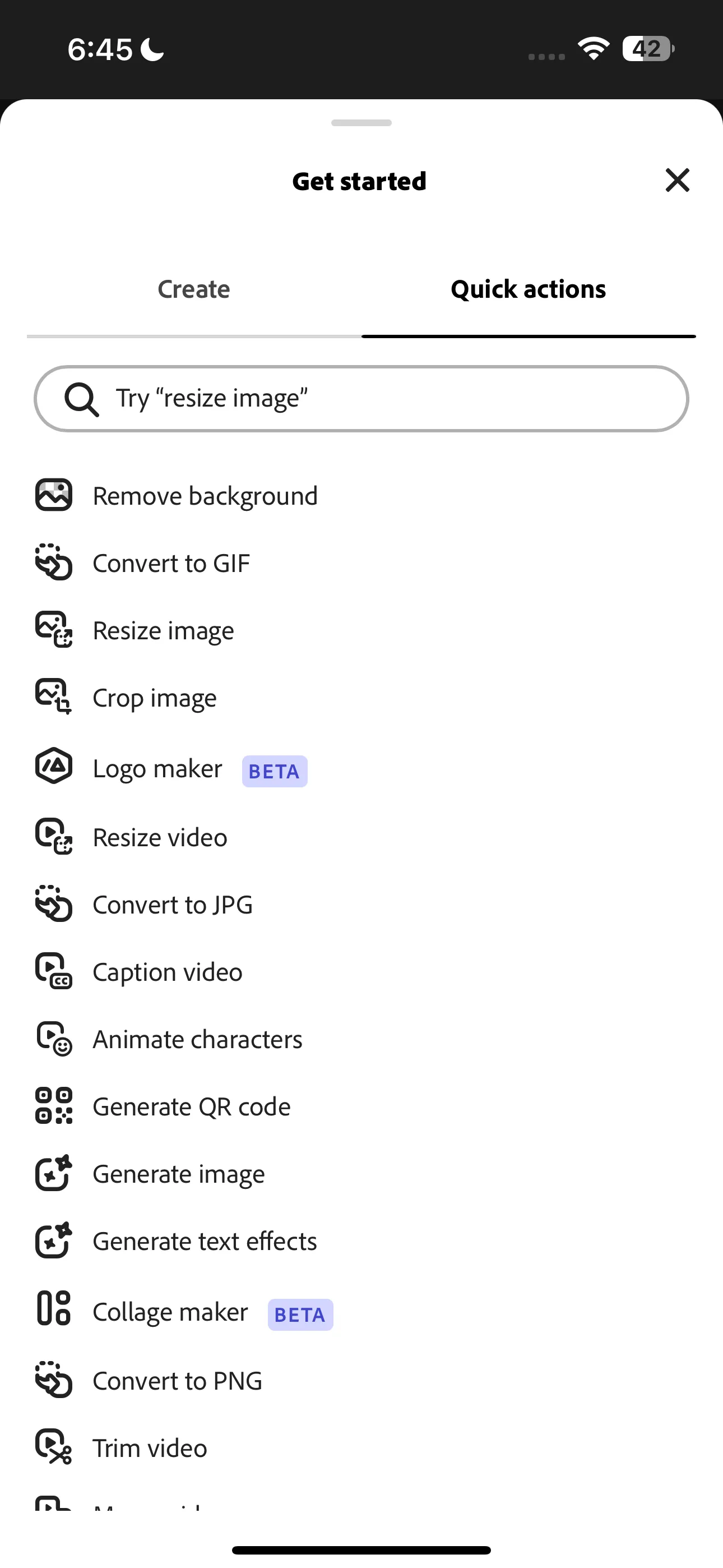 Danh sách các công cụ Quick Actions trong Adobe Express, hiển thị các tính năng chỉnh sửa ảnh, video và PDF tiện lợi.