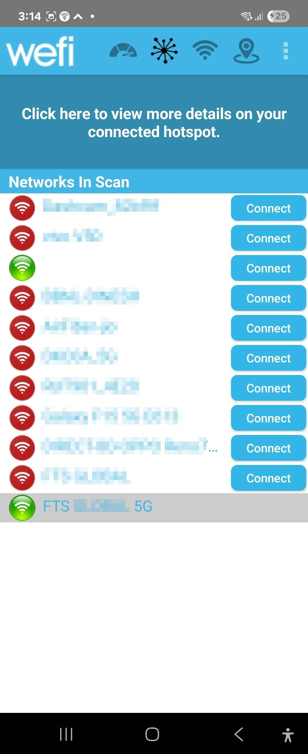 Danh sách các hotspot Wi-Fi được tìm thấy bởi ứng dụng WeFi trên thiết bị Android