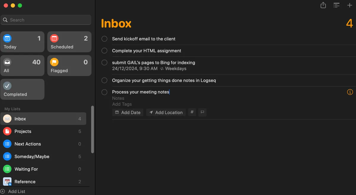 Danh sách các mục công việc cần xử lý trong Reminders Inbox