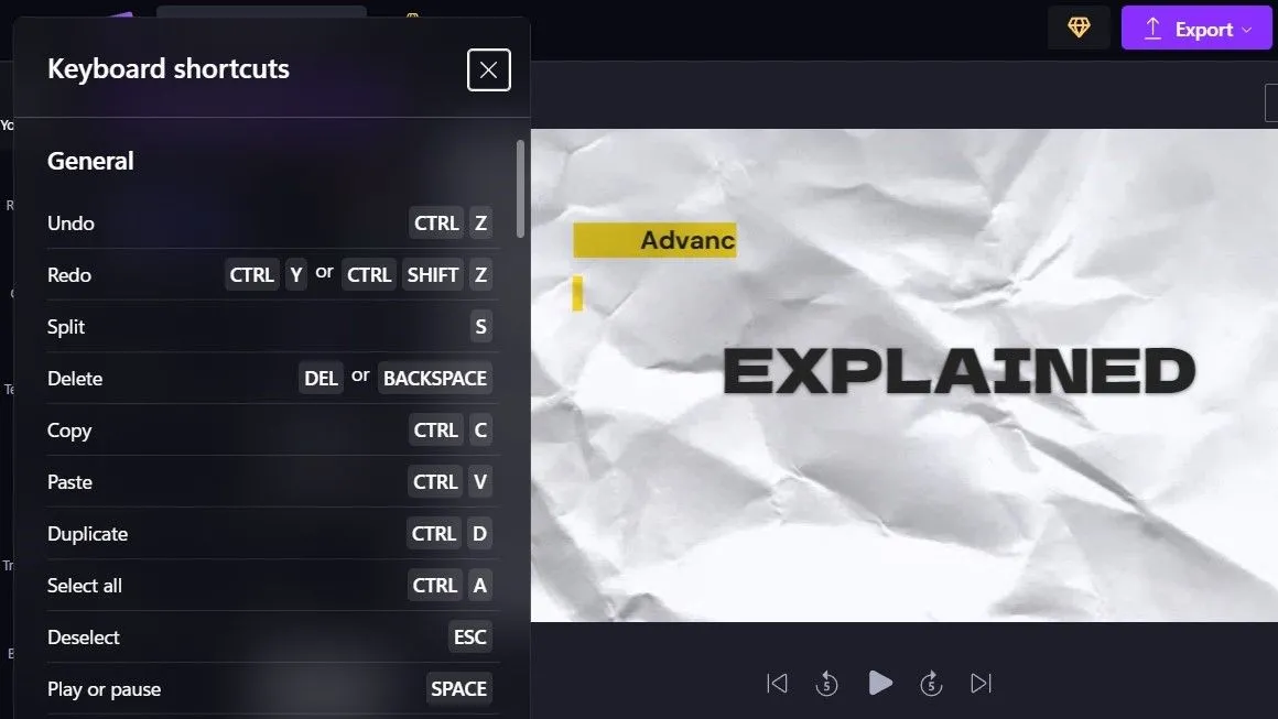 Danh sách các phím tắt bàn phím tiện dụng trong Microsoft Clipchamp