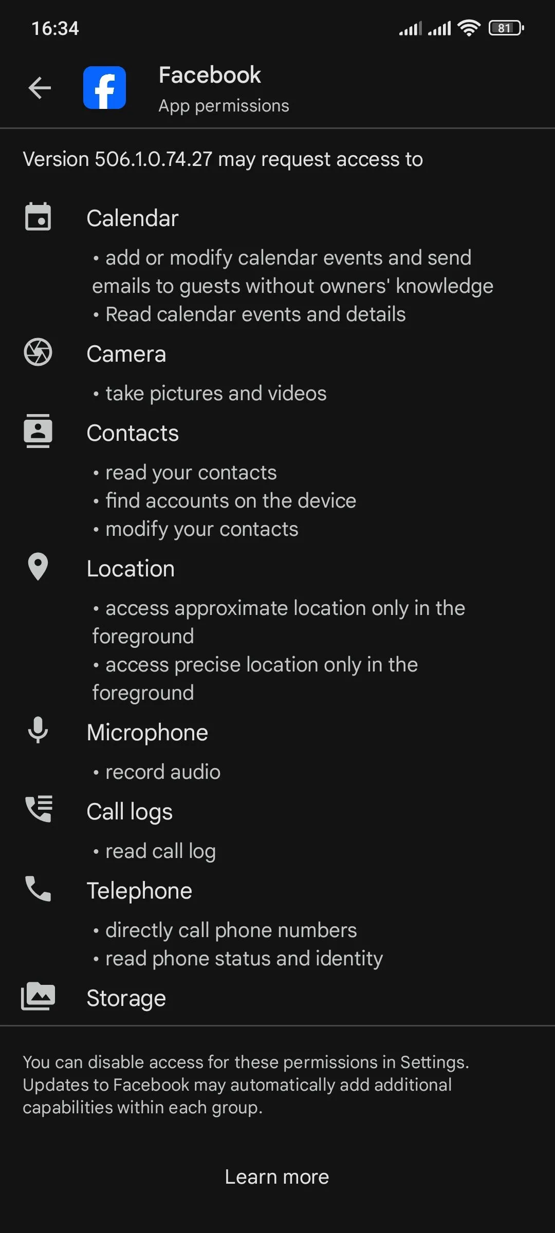 Danh sách các quyền mà ứng dụng Facebook yêu cầu trên Google Play Store, minh họa mức độ truy cập