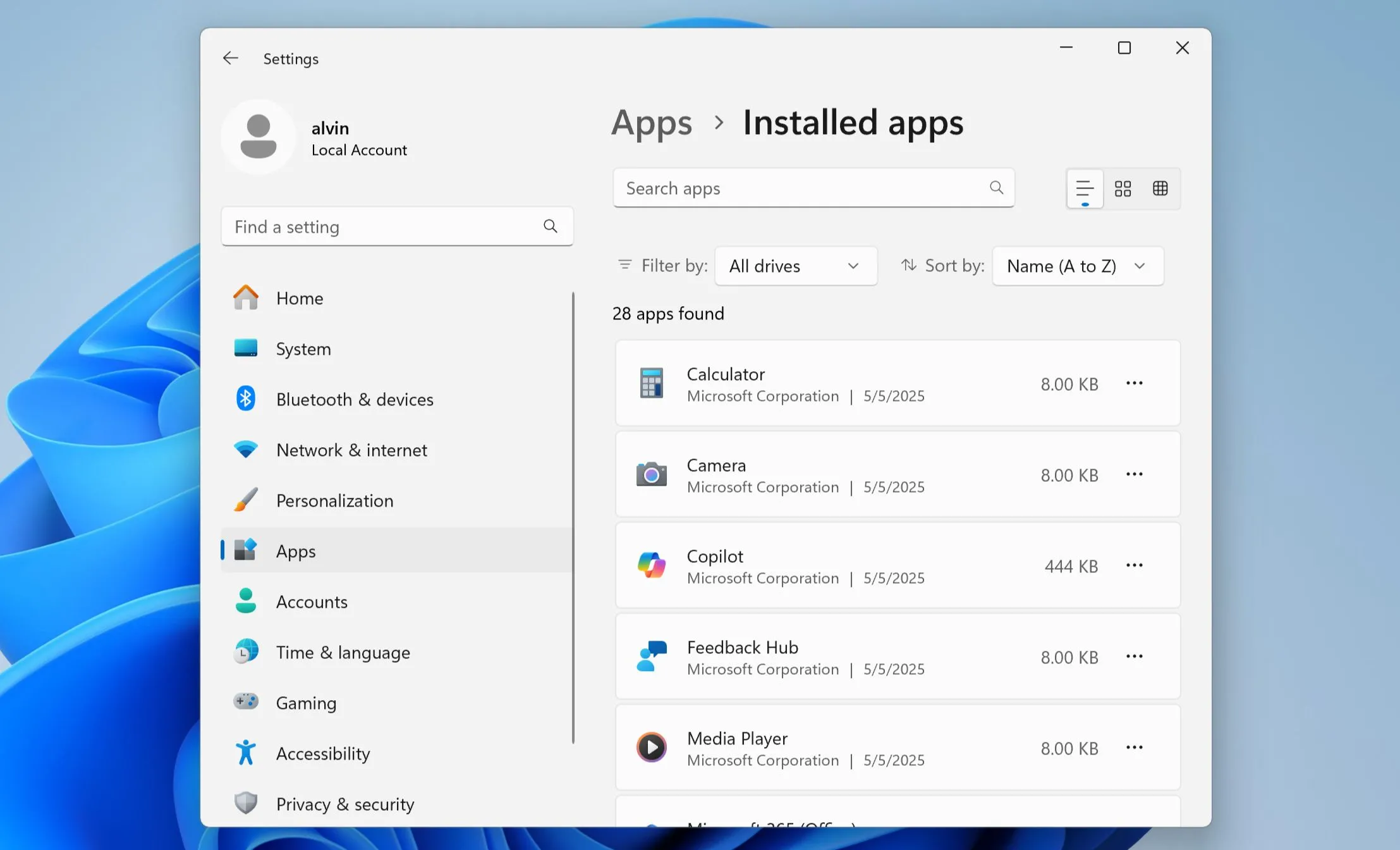 Danh sách các ứng dụng đã cài đặt hiển thị trong cài đặt ứng dụng của Windows 11
