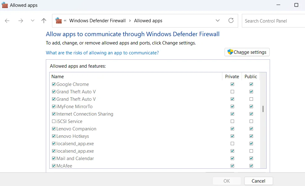 Danh sách các ứng dụng được phép bỏ qua Tường lửa Windows Defender, hiển thị tùy chọn chỉnh sửa.
