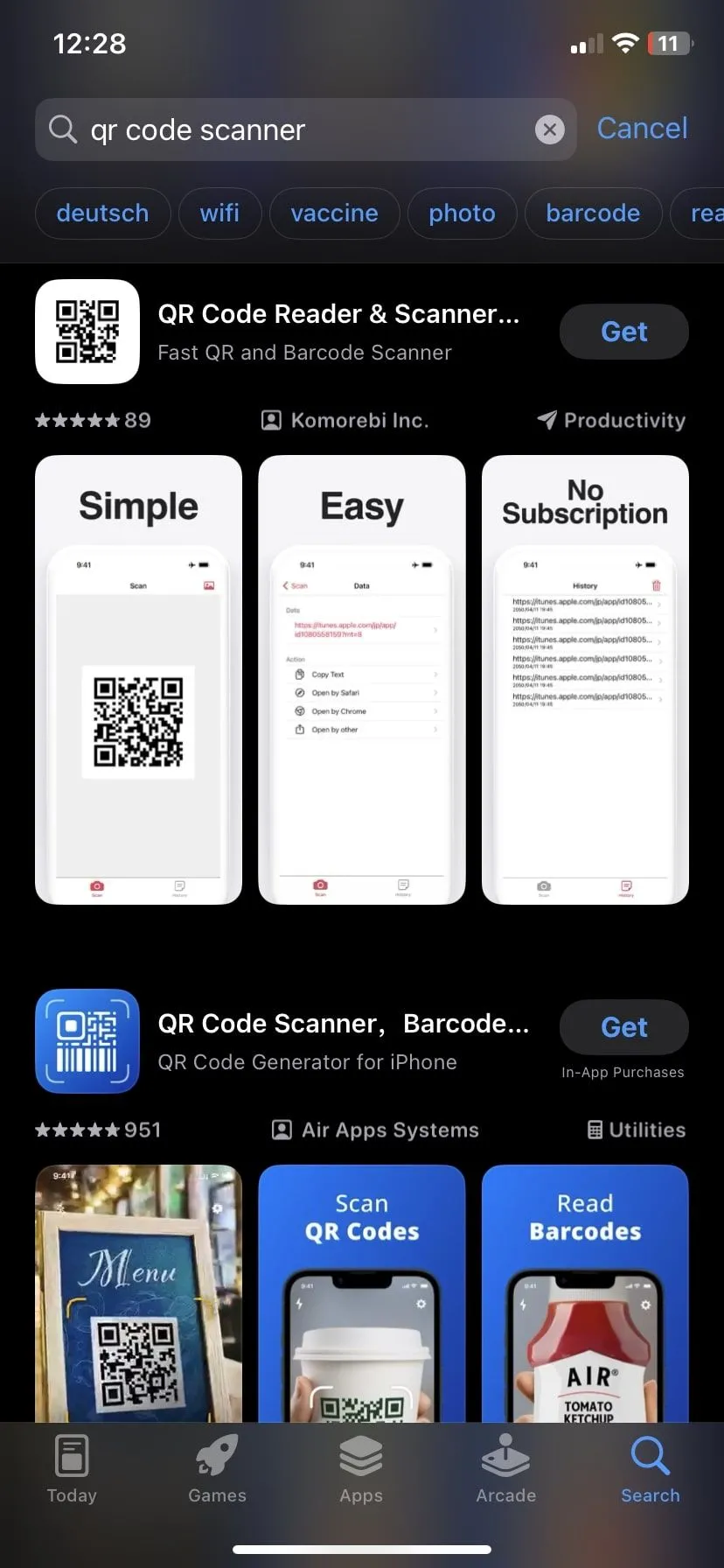 danh sách các ứng dụng quét mã QR bên thứ ba trên App Store có thể chứa quảng cáo hoặc tính năng trả phí