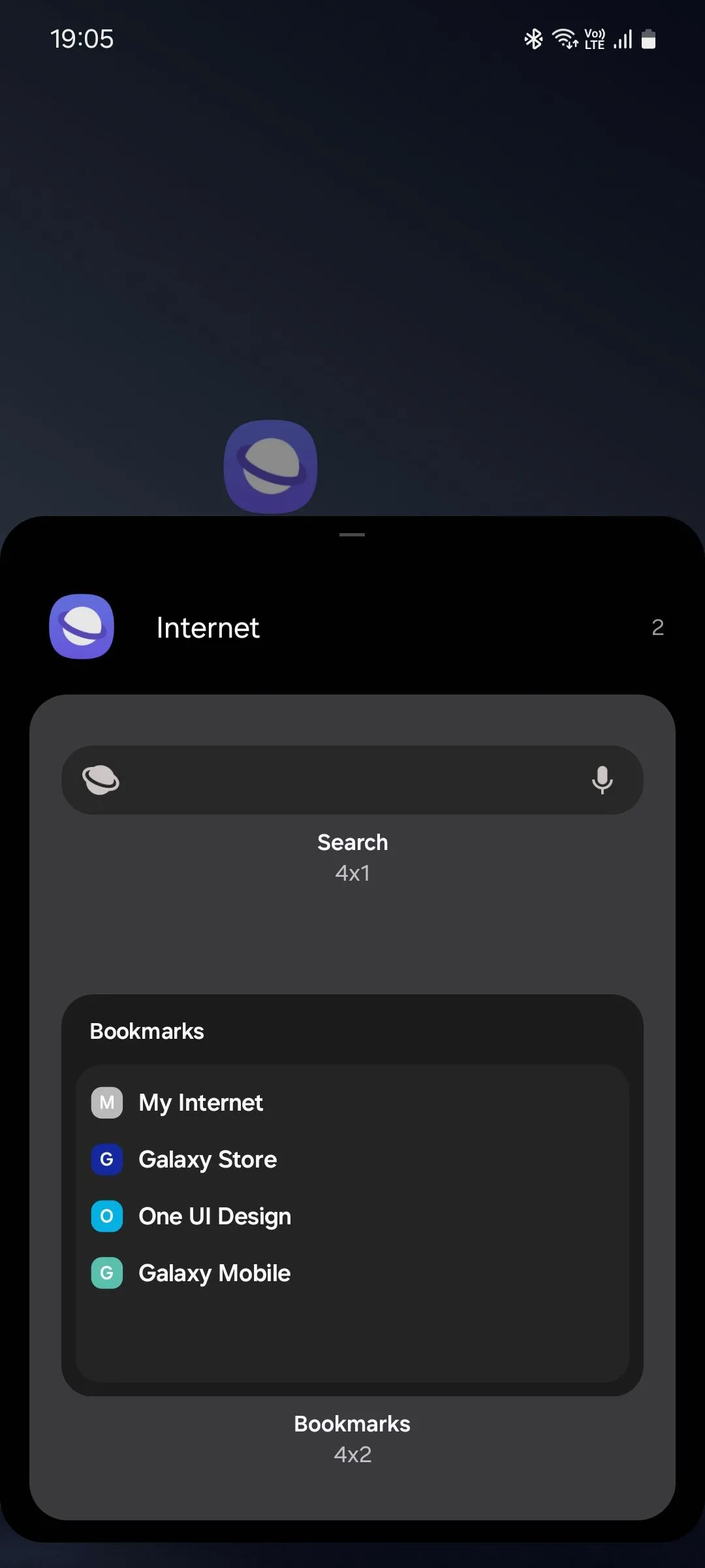 Danh sách các widget của trình duyệt Samsung Internet trên điện thoại