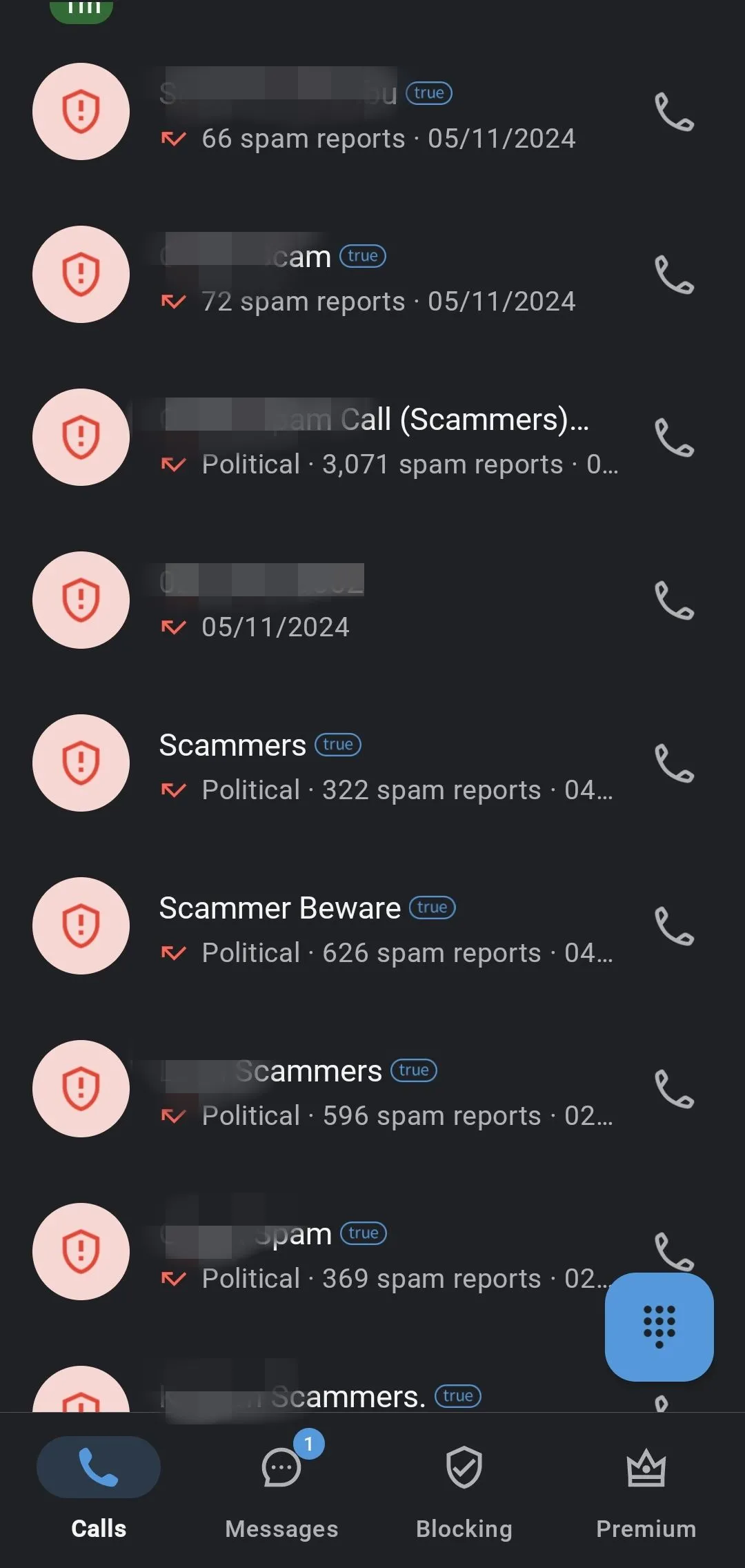 Danh sách cuộc gọi bị Truecaller xác định là rác và lừa đảo