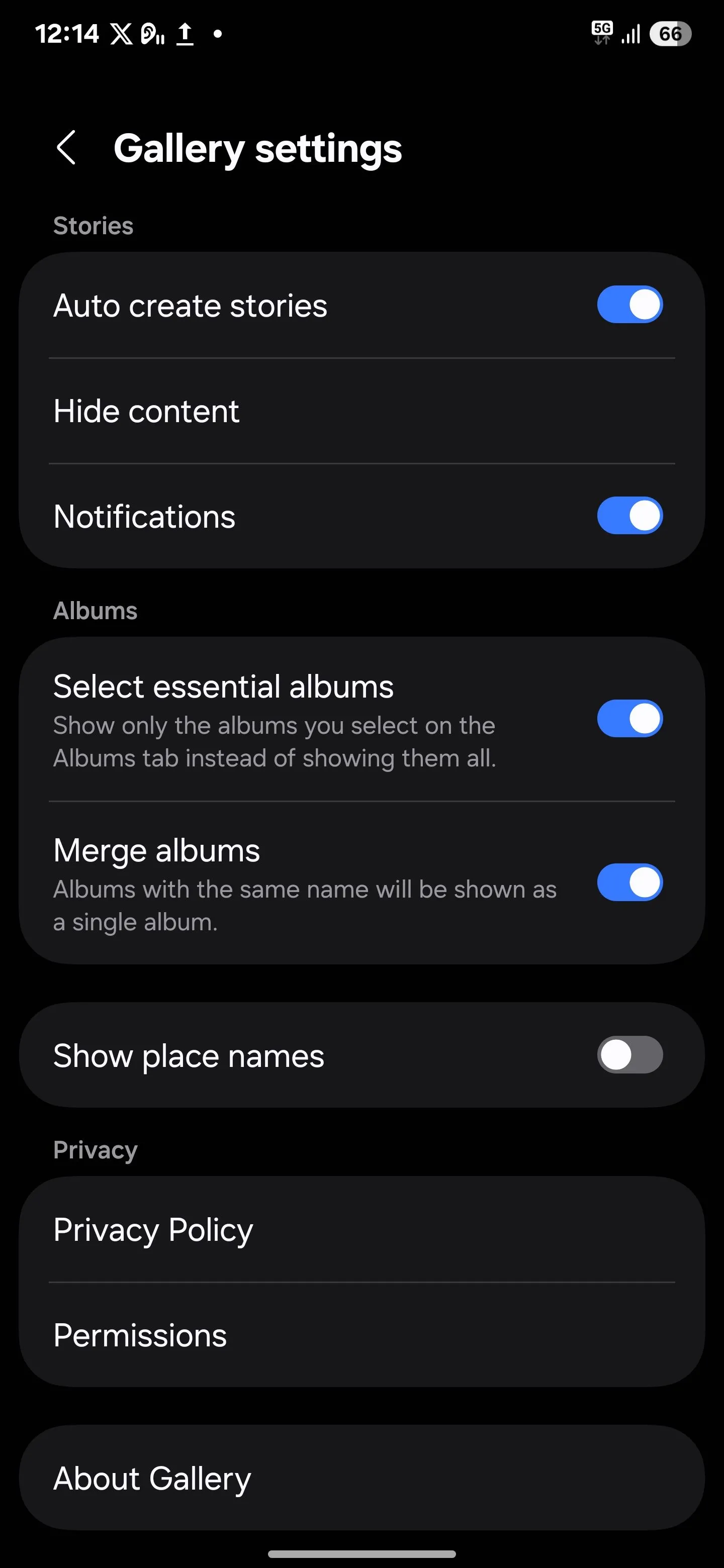 Danh sách đầy đủ cài đặt Thư viện (Gallery Settings) trên điện thoại Samsung, bao gồm mục &quot;Giới thiệu Thư viện&quot; để kích hoạt tính năng ẩn.