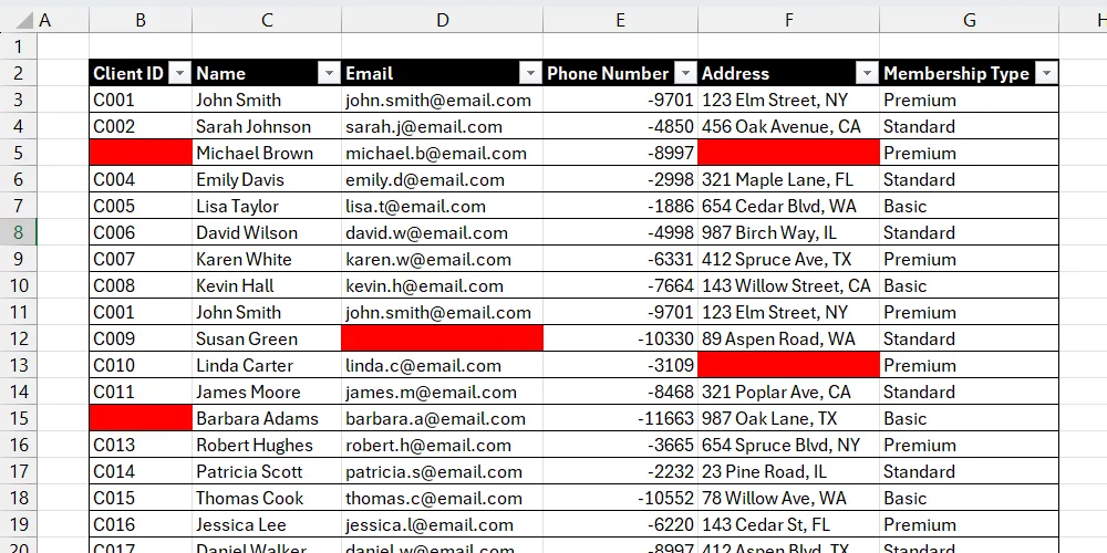 Danh sách khách hàng trong Excel sau khi áp dụng định dạng có điều kiện để tô màu các ô trống.
