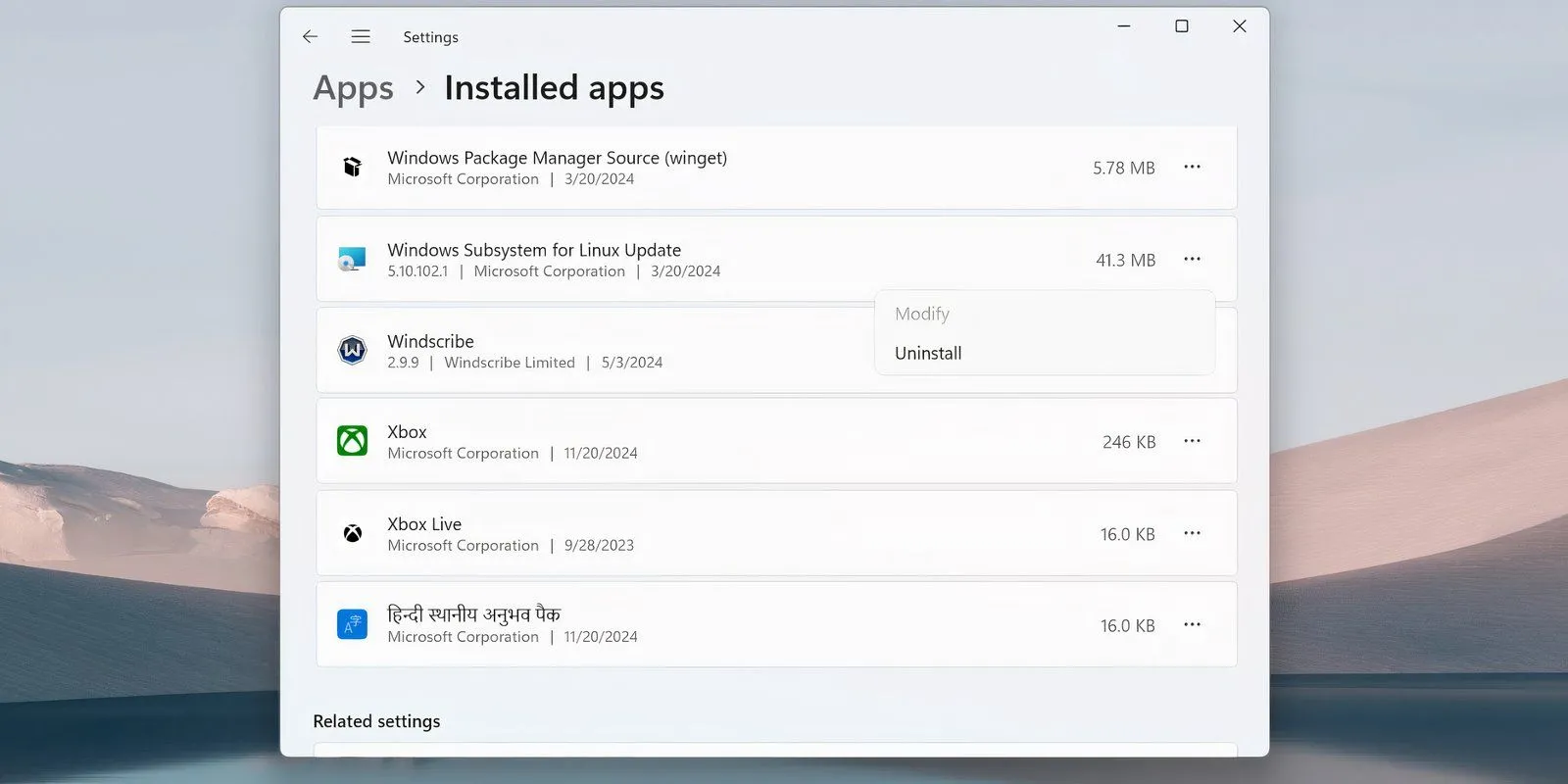 Danh sách ứng dụng đã cài đặt trong Cài đặt Windows, hiển thị tùy chọn gỡ cài đặt cho Windows Subsystem for Linux (WSL)