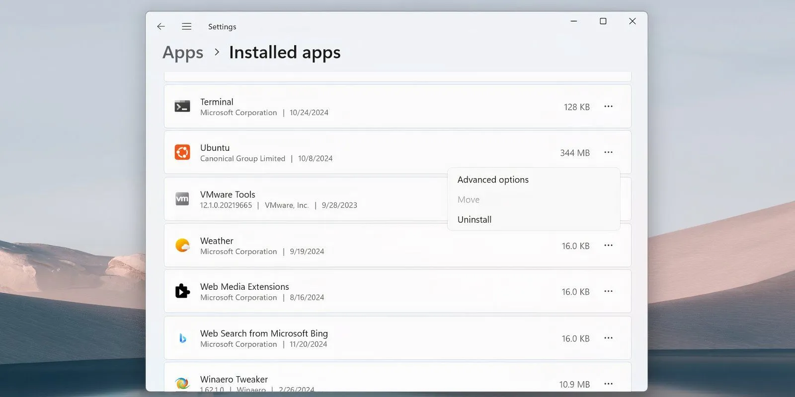 Danh sách ứng dụng đã cài đặt trong Cài đặt Windows, với tùy chọn gỡ cài đặt cho bản phân phối Ubuntu