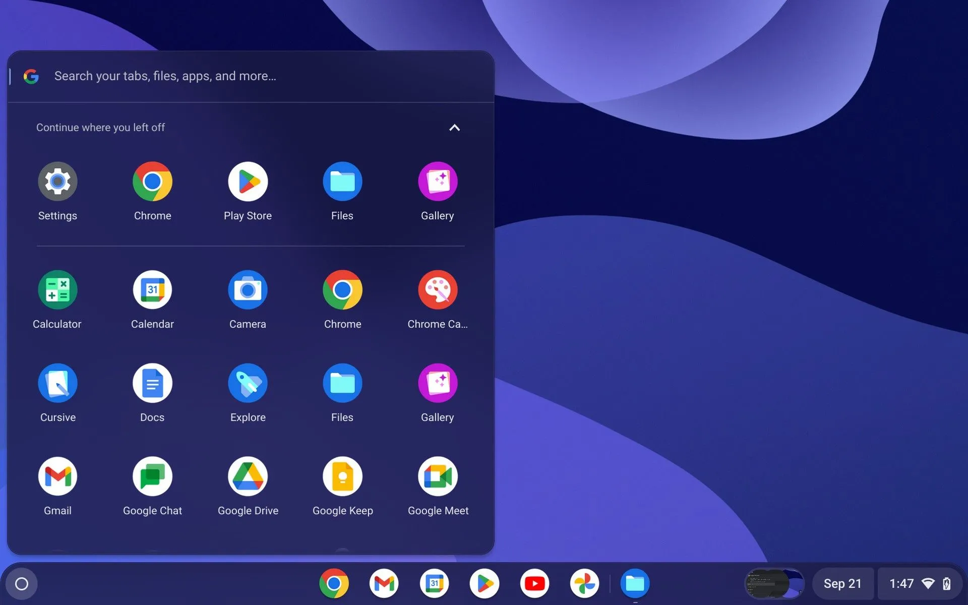 Danh sách ứng dụng trong menu Chromebook, minh họa khả năng tùy biến và truy cập ứng dụng trên hệ điều hành Android.