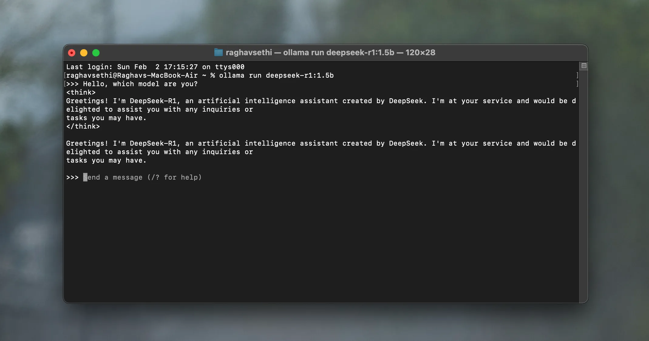 DeepSeek-R1 chạy trong cửa sổ Terminal trên máy tính