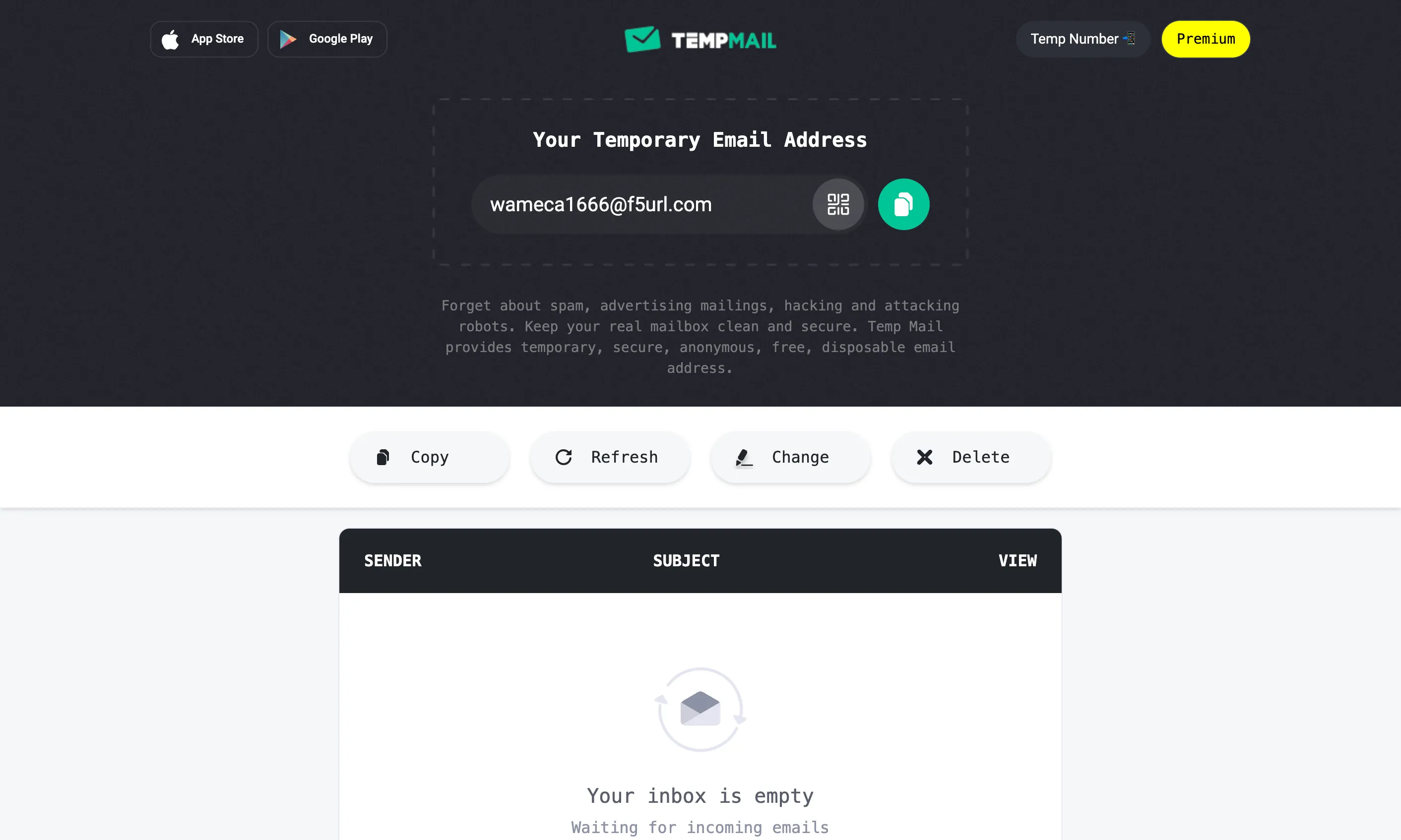 Địa chỉ email tạm thời hiển thị trên giao diện Temp Mail, công cụ hữu ích để tránh spam và bảo vệ quyền riêng tư online