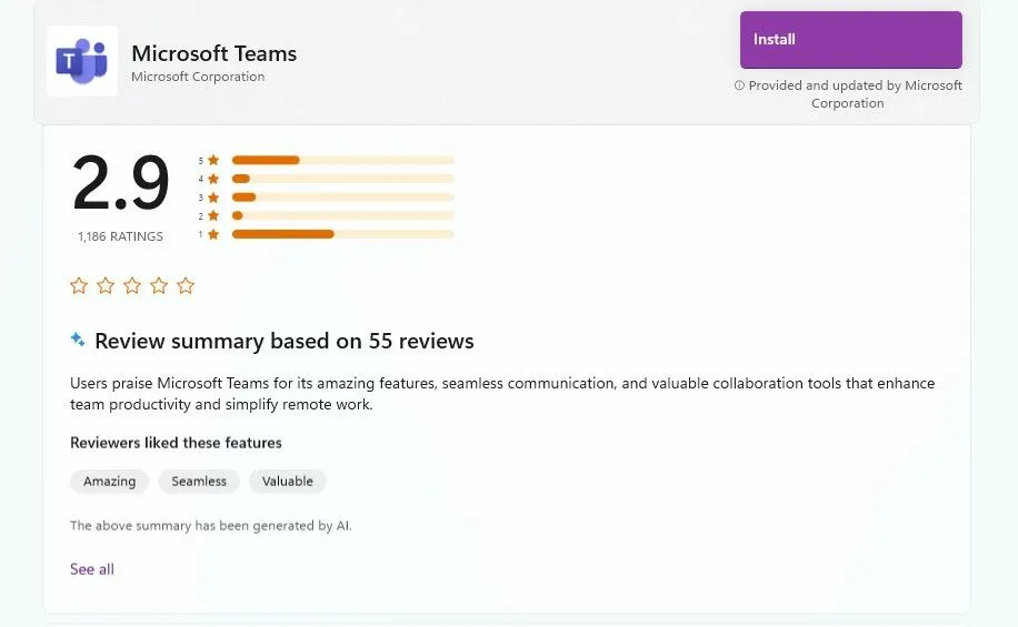 Điểm đánh giá trung bình 2.9 sao của Microsoft Teams trên Microsoft Store kèm tóm tắt do AI tạo