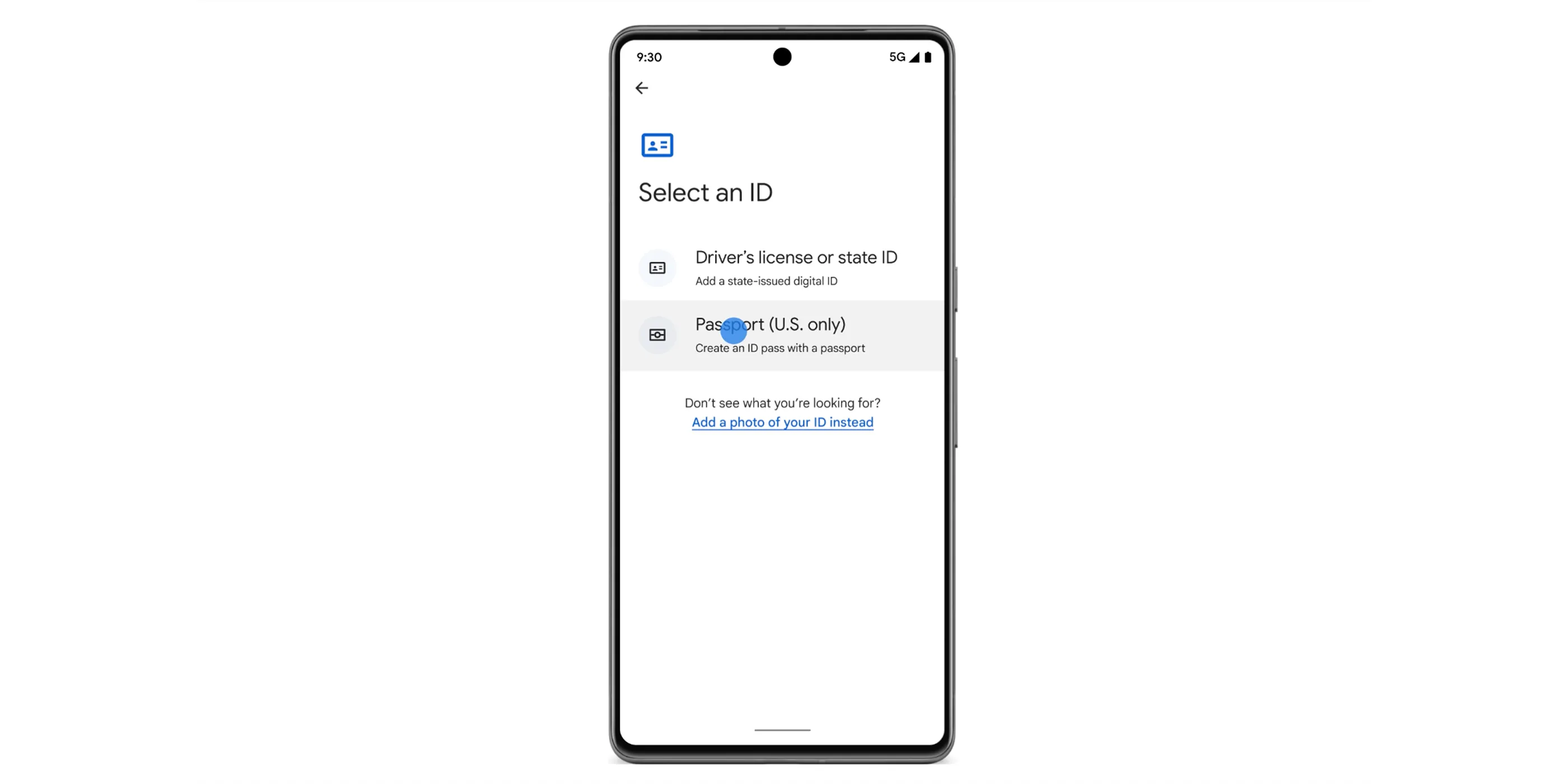Điện thoại Android hiển thị giao diện Google Wallet với tùy chọn thêm hộ chiếu hoặc ID kỹ thuật số