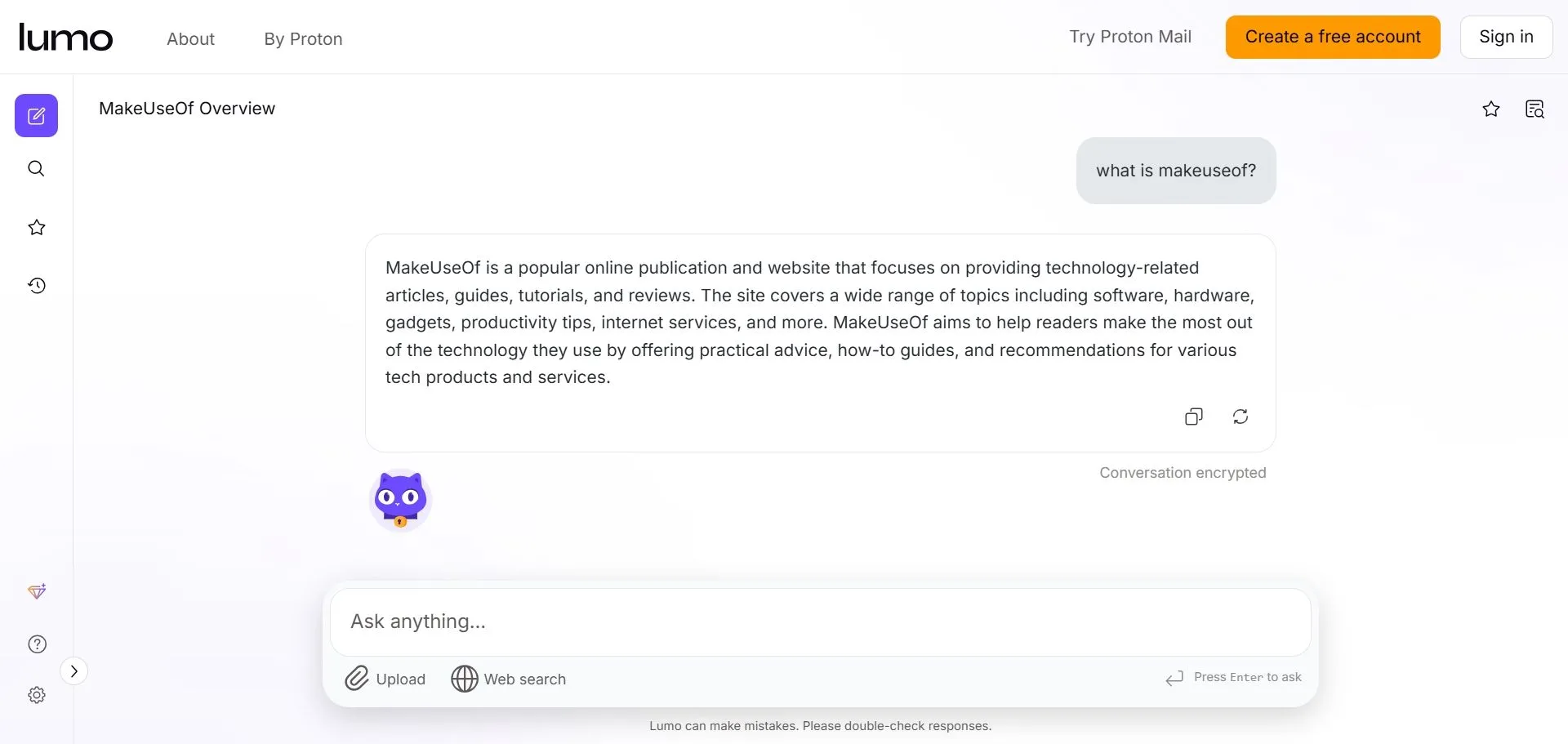 Điện thoại hiển thị chatbot Proton Lumo AI, minh họa khả năng bảo vệ dữ liệu người dùng và quyền riêng tư cá nhân.