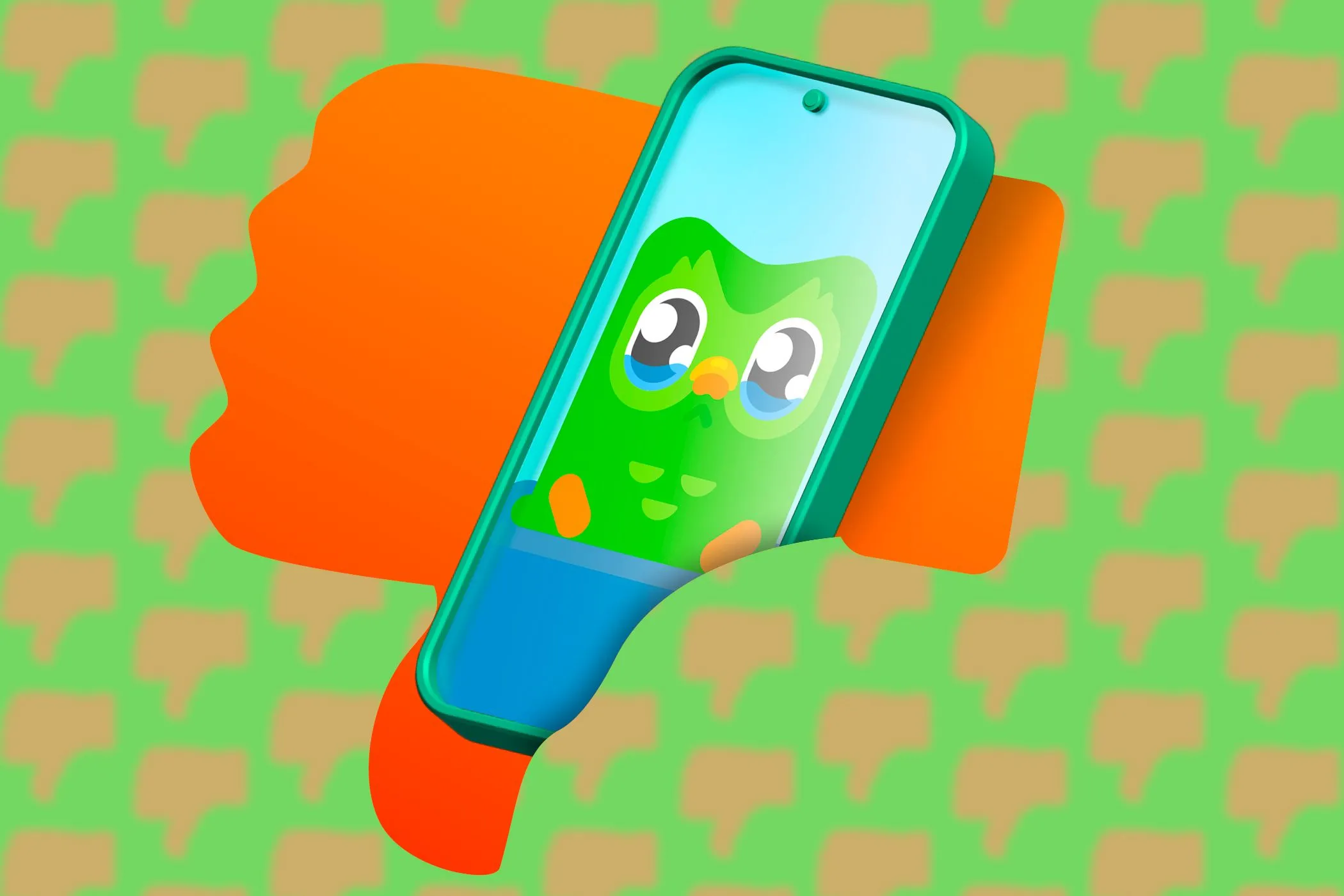 Điện thoại hiển thị logo Duolingo và biểu tượng ngón tay cái chúc xuống, ám chỉ vấn đề quyền riêng tư