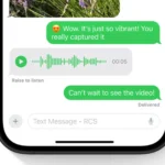 Điện thoại iPhone hiển thị giao diện nhắn tin RCS, minh họa tính năng tin nhắn đa nền tảng.