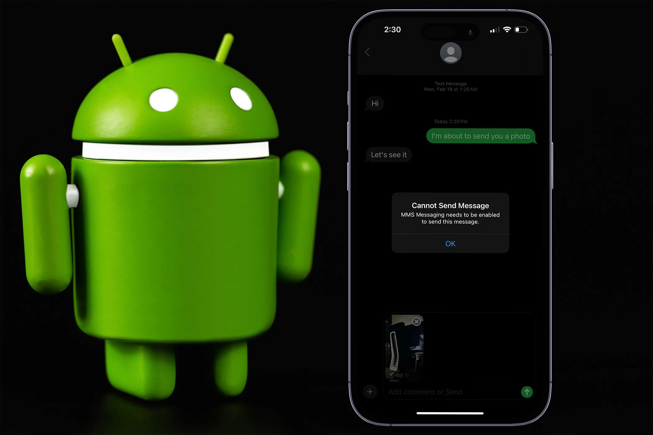 Điện thoại iPhone hiển thị lỗi không gửi được tin nhắn bên cạnh biểu tượng Android, thể hiện khó khăn khi chuyển đổi hệ sinh thái.