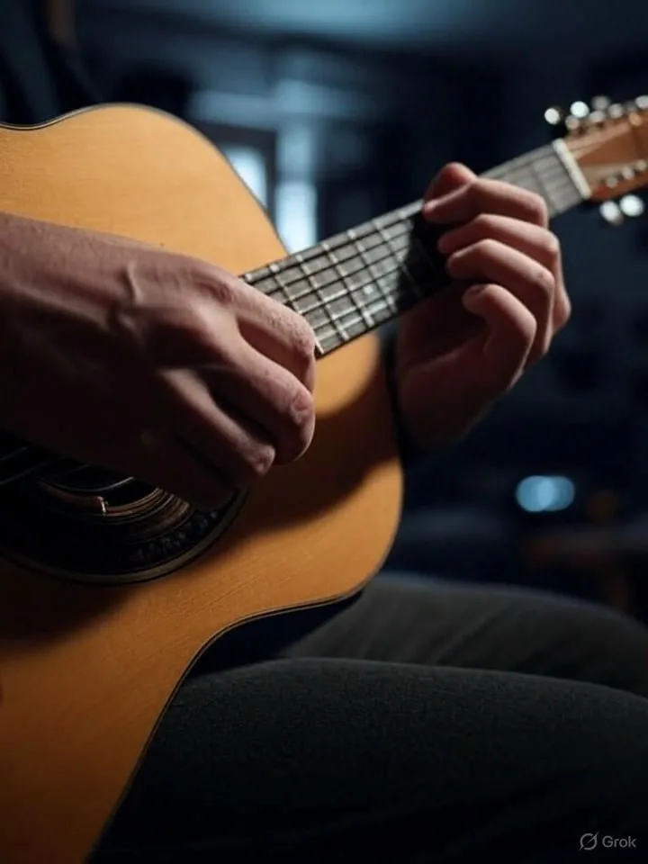 Đôi tay chơi guitar với các ngón tay bị biến dạng, lỗi phổ biến ở ảnh AI.