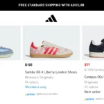 Dòng giày thể thao Adidas nữ có logo Buy with Prime, minh họa tính năng mua sắm tiện lợi với Amazon Prime.