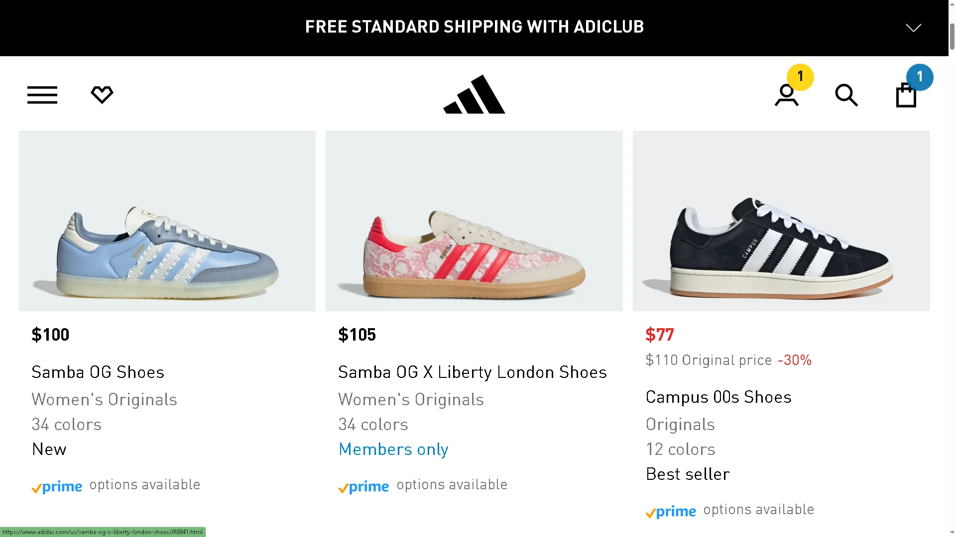 Dòng giày thể thao Adidas nữ có logo Buy with Prime, minh họa tính năng mua sắm tiện lợi với Amazon Prime.