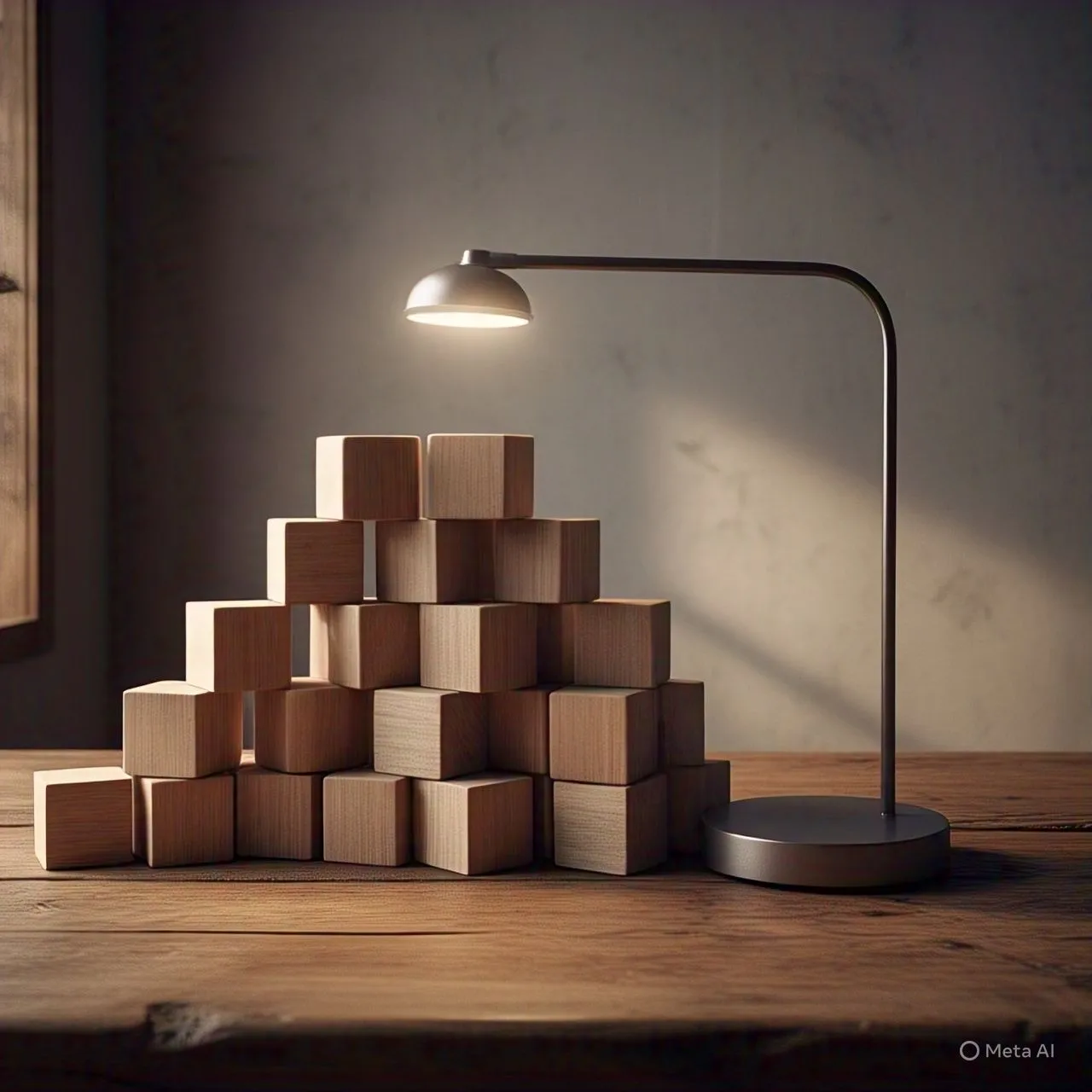 Đống khối gỗ dưới đèn với lỗi ánh sáng và bóng đổ sai logic, dấu hiệu ảnh AI.