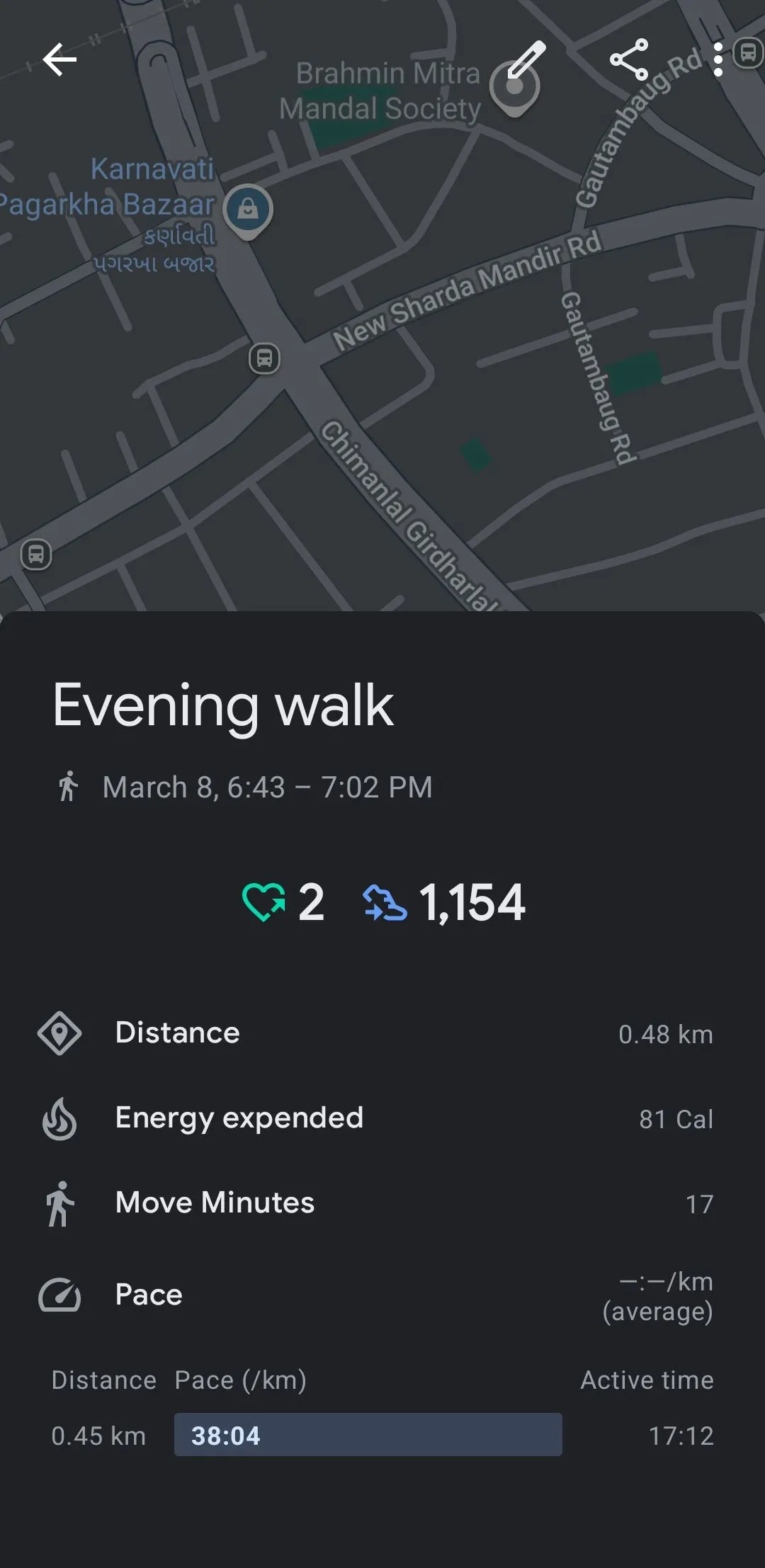 Dữ liệu theo dõi một buổi đi bộ buổi tối trên Google Fit, bao gồm bản đồ lộ trình và thông tin chi tiết.