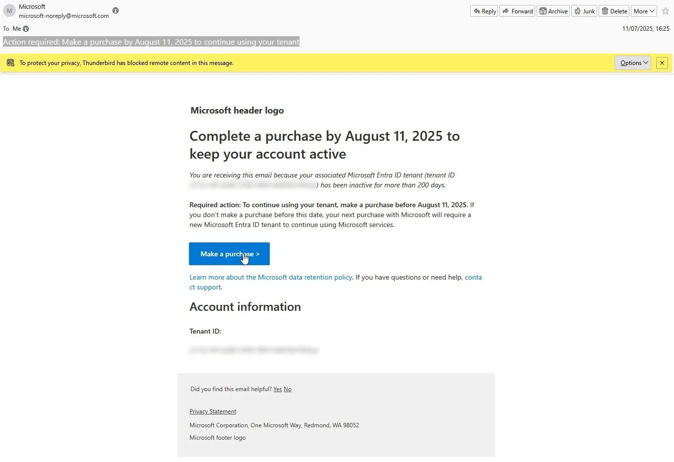 Email cảnh báo Microsoft Entra ID không hoạt động yêu cầu mua hàng