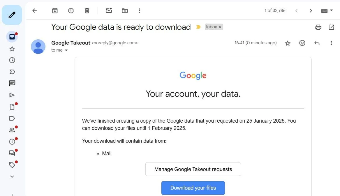 Email thông báo từ Google Takeout trong Gmail với tùy chọn tải file MBOX dữ liệu