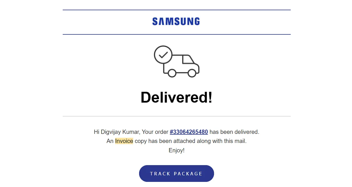 Email xác nhận đơn hàng từ Samsung bao gồm hóa đơn mua điện thoại