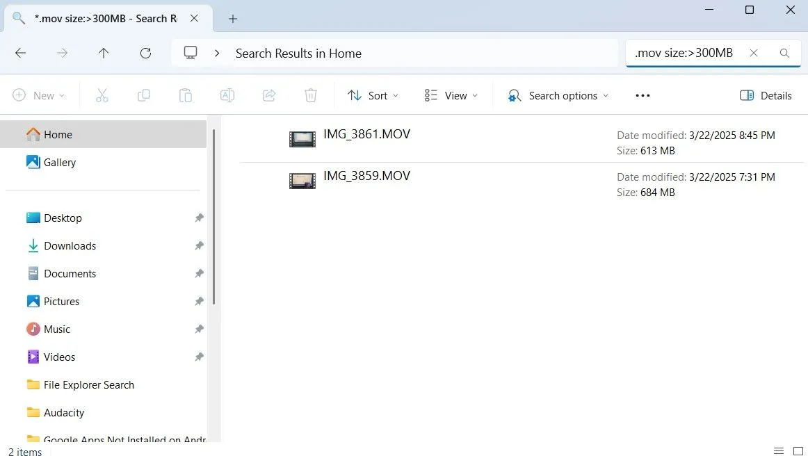 File Explorer hiển thị các tệp video .mov dung lượng lớn hơn 300MB
