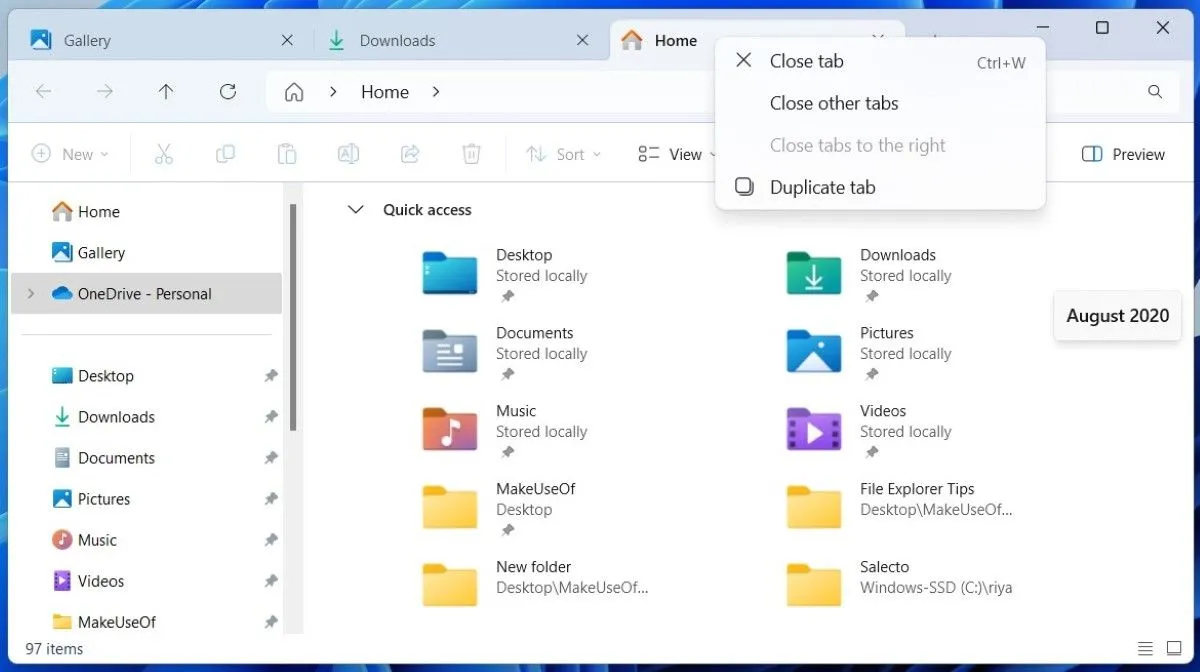 File Explorer trên Windows 11 với nhiều thẻ (tabs) mở đồng thời giúp quản lý thư mục hiệu quả