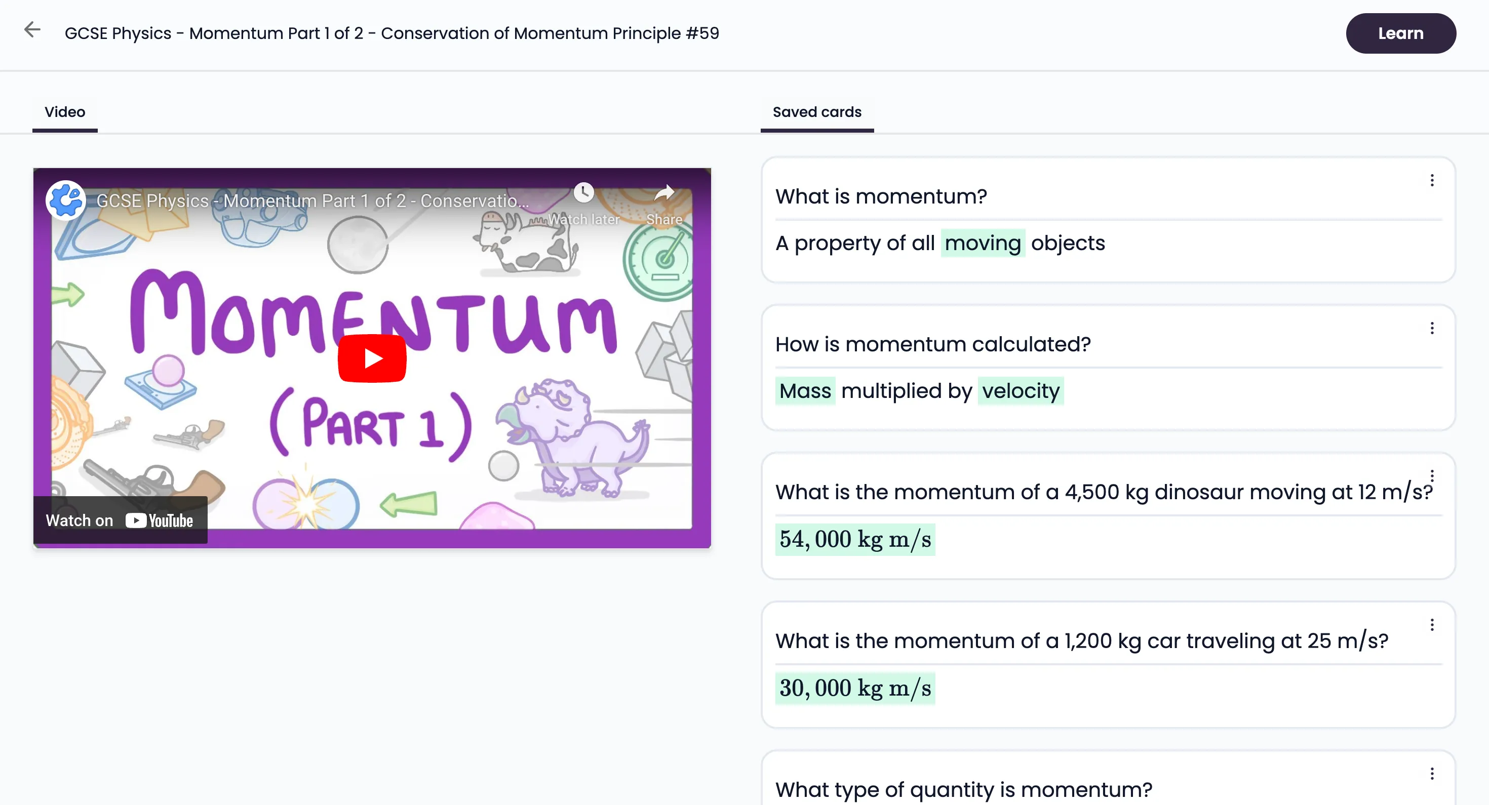 Flashcard được Gizmo tạo tự động từ video YouTube về chủ đề Momentum, hiển thị cạnh video