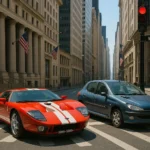 Ford GT và Peugeot 206 đứng cạnh nhau tại đèn giao thông, minh họa khả năng tạo ảnh chân thực của ChatGPT DALL-E